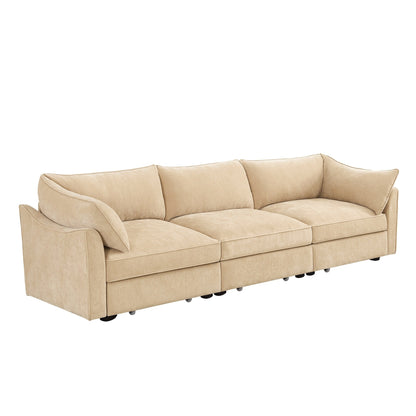 Canapé 3 places large et profond avec tiroirs coulissants sous chaque siège, accoudoirs en forme de croissant et dossier enveloppant