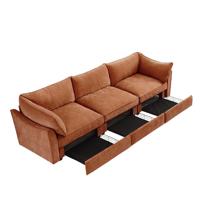 Canapé 3 places large et profond avec tiroirs coulissants sous chaque siège, accoudoirs en forme de croissant et dossier enveloppant