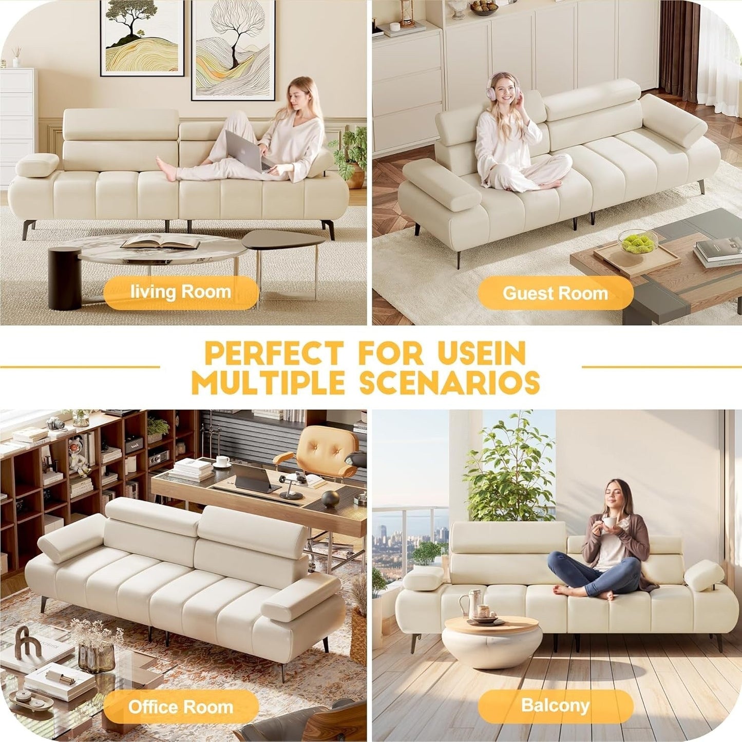 Canapé-lit 3 places, canapé-lit futon en similicuir, dossiers et accoudoirs réglables