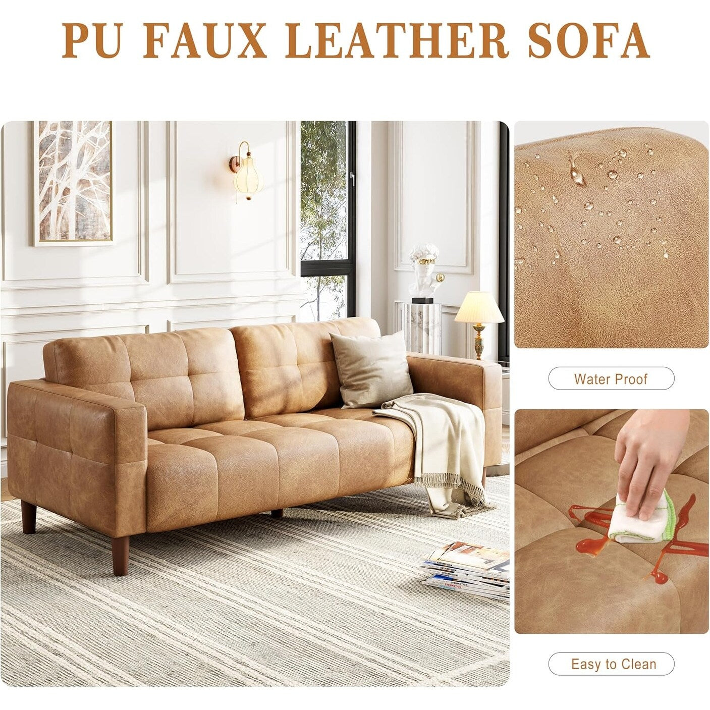 Canapé 3 places, 83 pouces de large, en similicuir, avec coussin à ressorts, canapé moderne