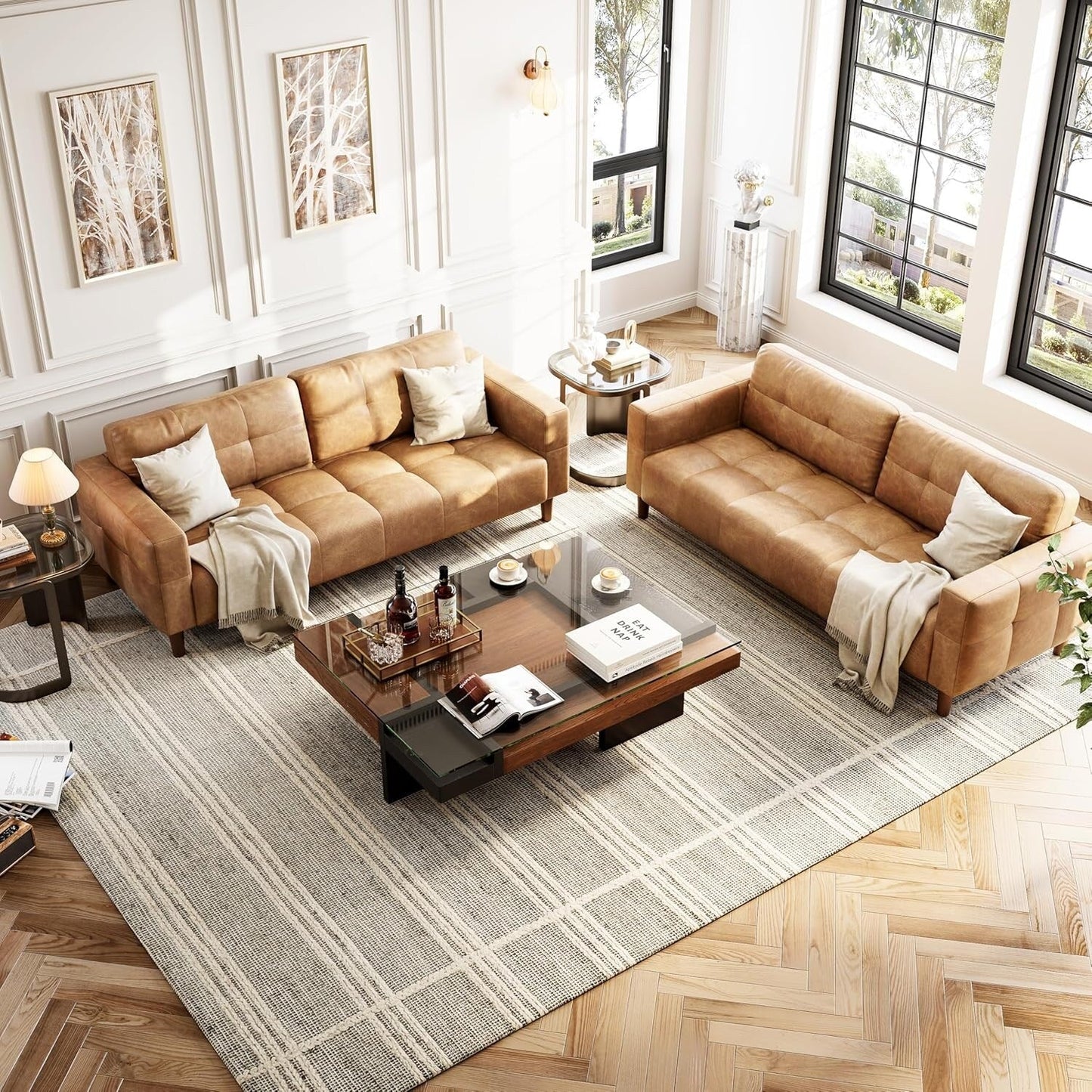 Canapé 3 places, 83 pouces de large, en similicuir, avec coussin à ressorts, canapé moderne