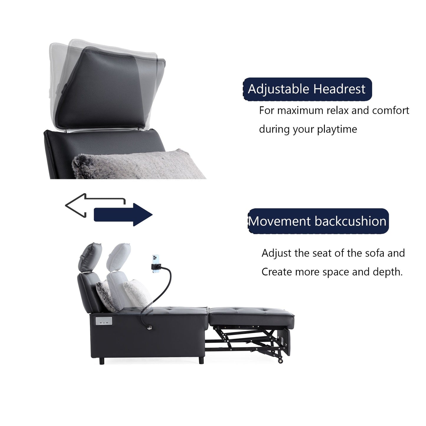 Fauteuil convertible 3 en 1, canapé inclinable réglable avec haut-parleurs Bluetooth, ports USB et oreiller moelleux