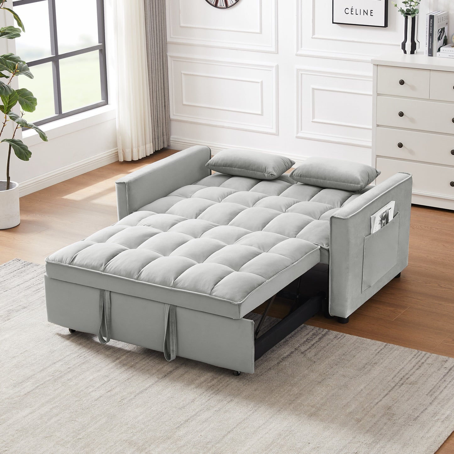 Canapé-lit futon 3 en 1 moderne en velours avec poches pour oreillers, gris