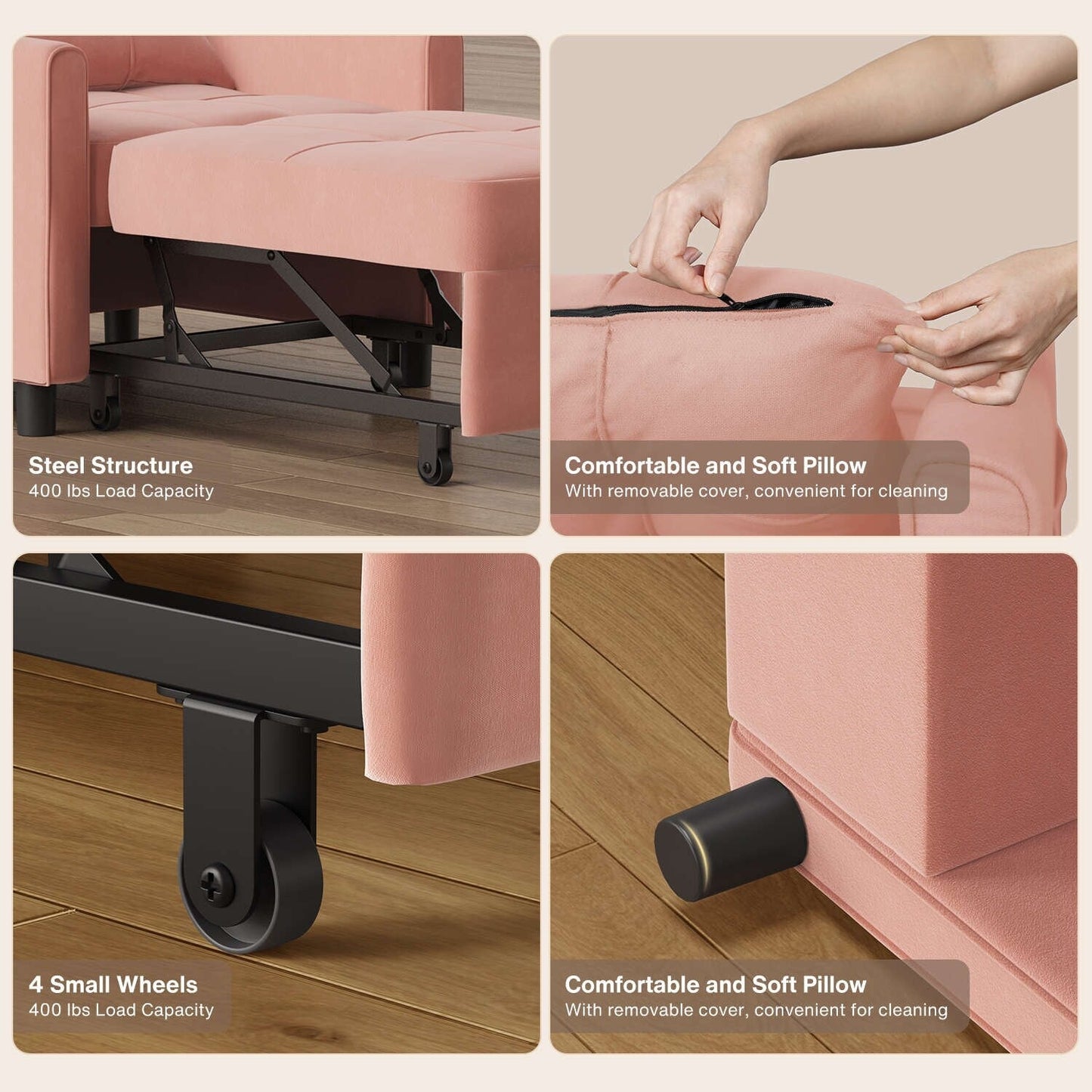 Canapé-lit gigogne 3 en 1, convertible, moderne, réglable et rembourré