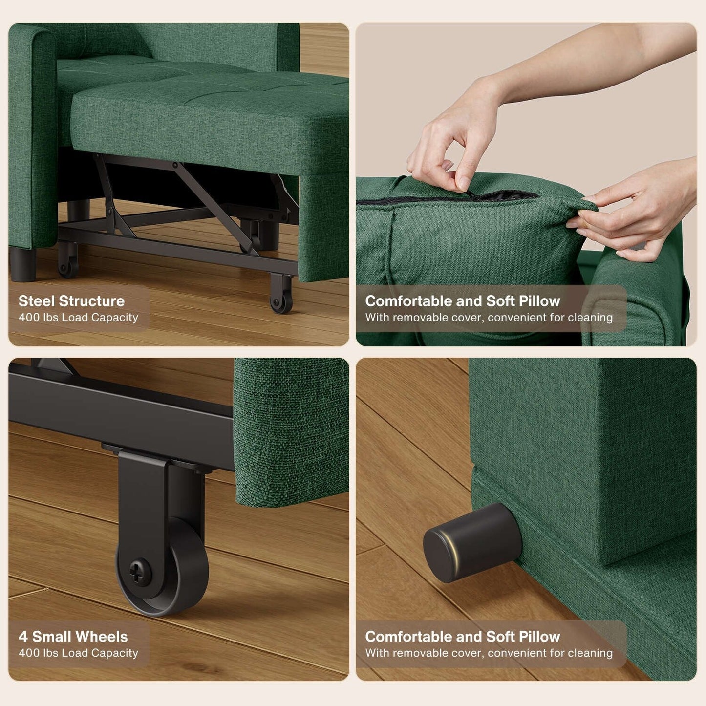 Canapé-lit gigogne 3 en 1, convertible, moderne, réglable et rembourré