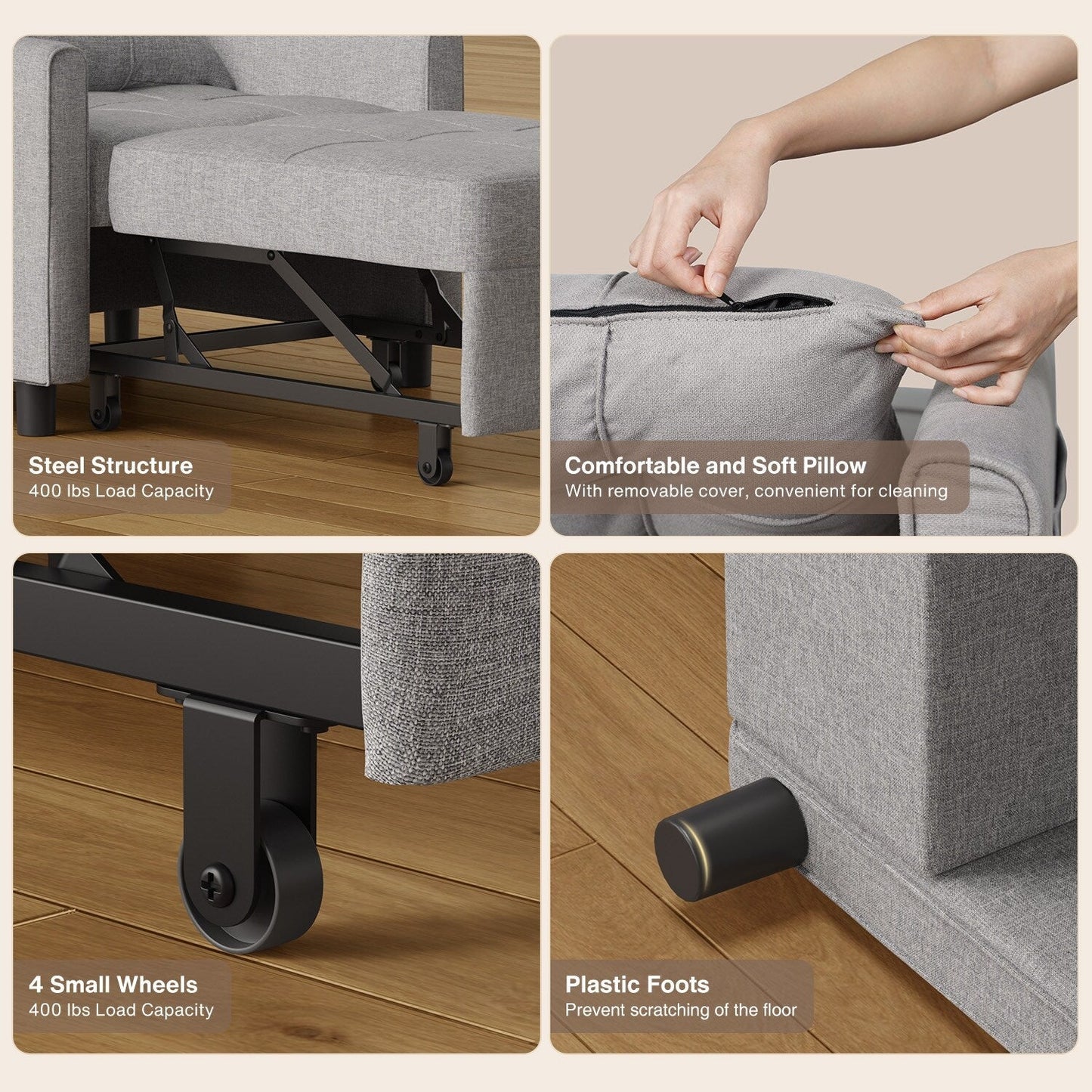 Canapé-lit gigogne 3 en 1, convertible, moderne, réglable et rembourré