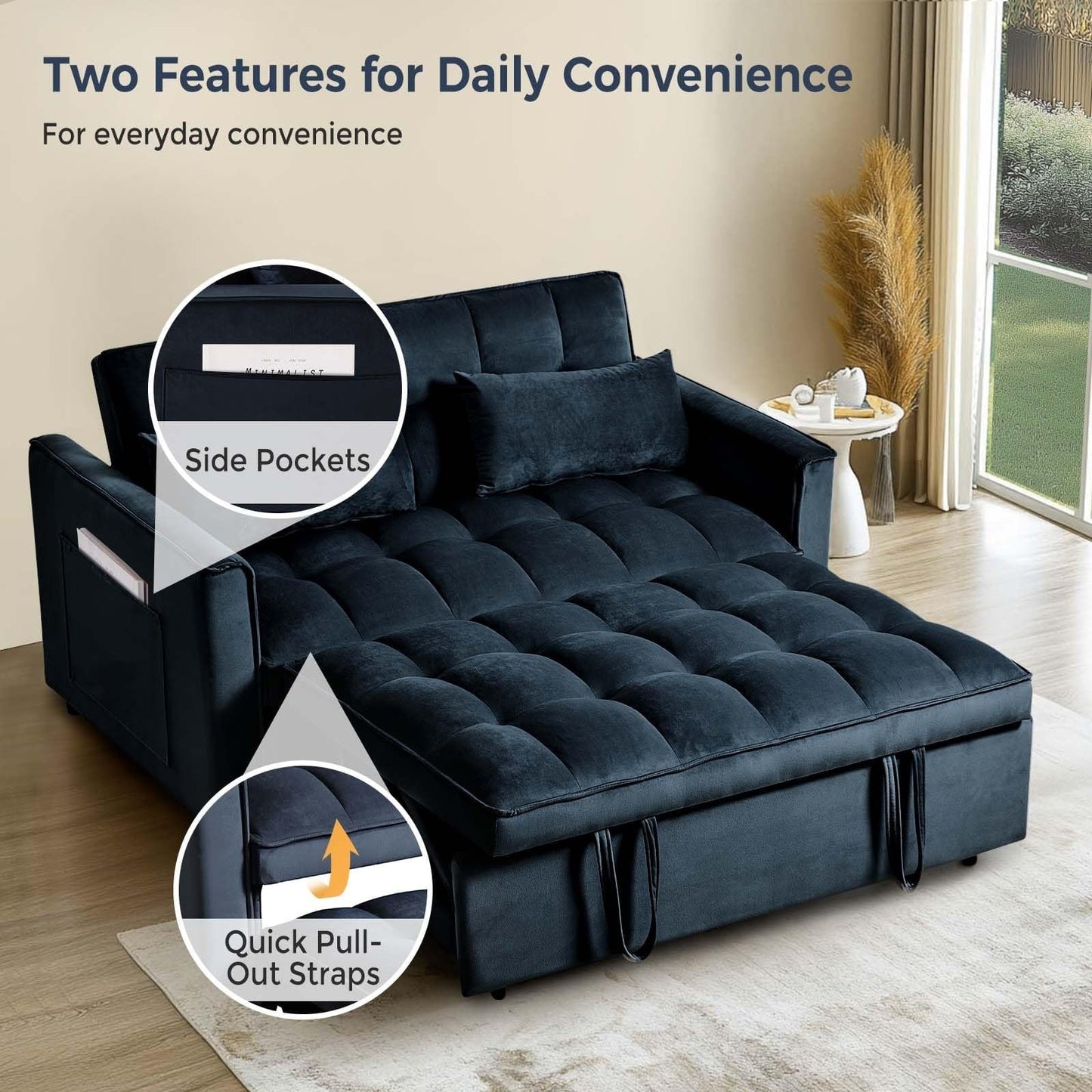 Canapé-lit 3 en 1 en velours avec dossier réglable