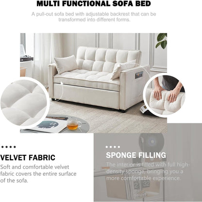 Canapé-lit 3 en 1 en velours - Canapé-lit gigogne avec dossier réglable, accoudoirs et poches de rangement pour le salon