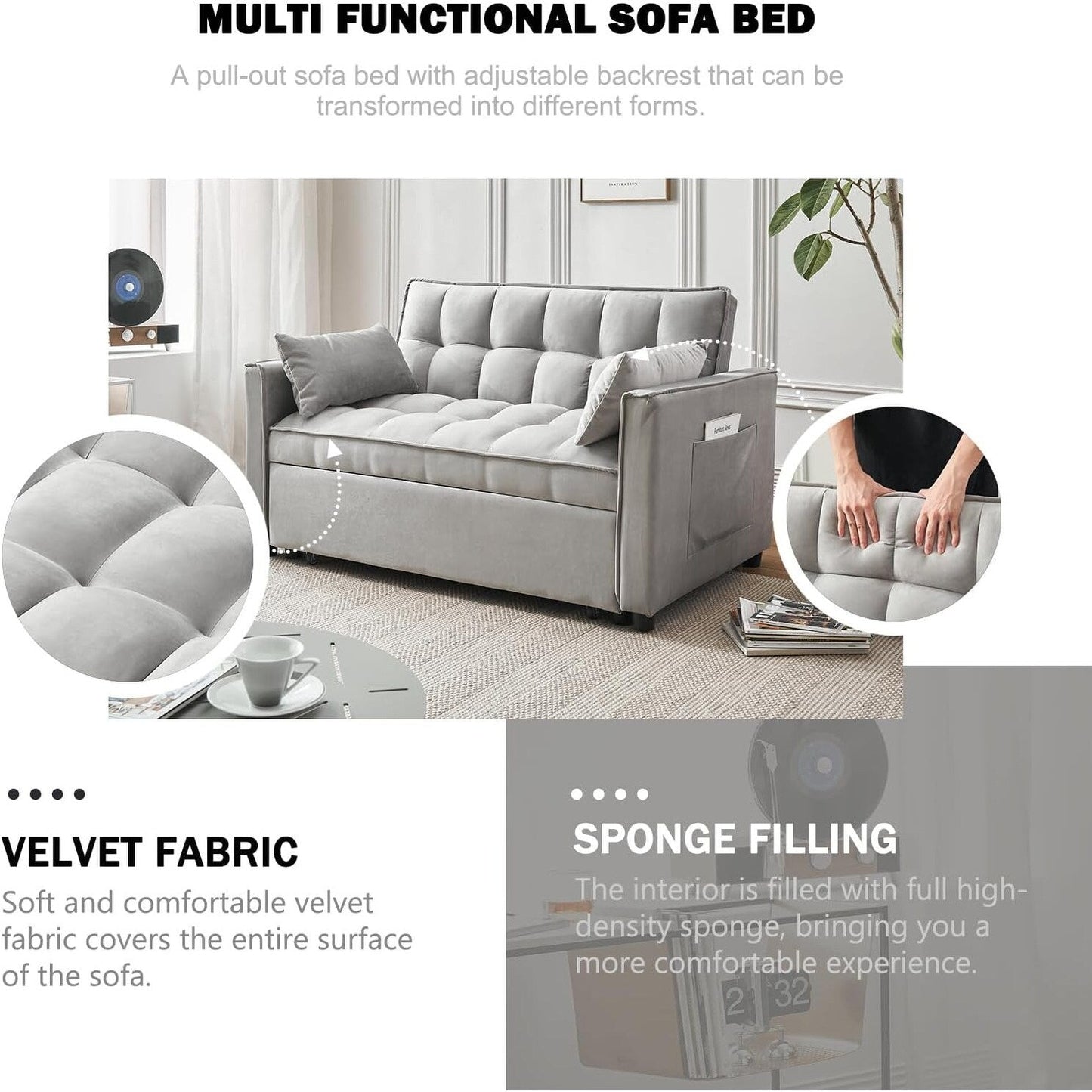 Canapé-lit 3 en 1 en velours - Canapé-lit gigogne avec dossier réglable, accoudoirs et poches de rangement pour le salon