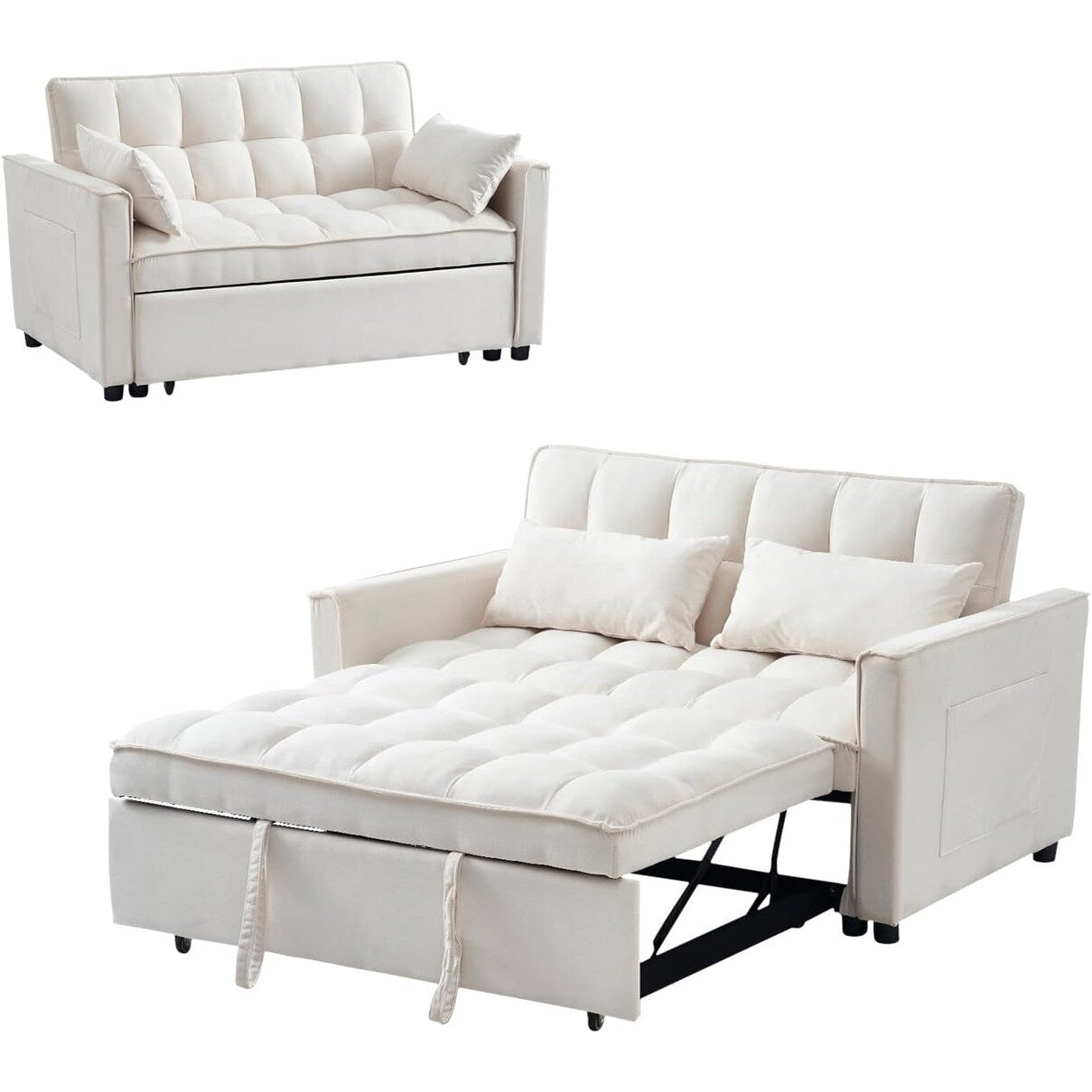 Canapé-lit 3 en 1 en velours - Canapé-lit gigogne avec dossier réglable, accoudoirs et poches de rangement pour le salon