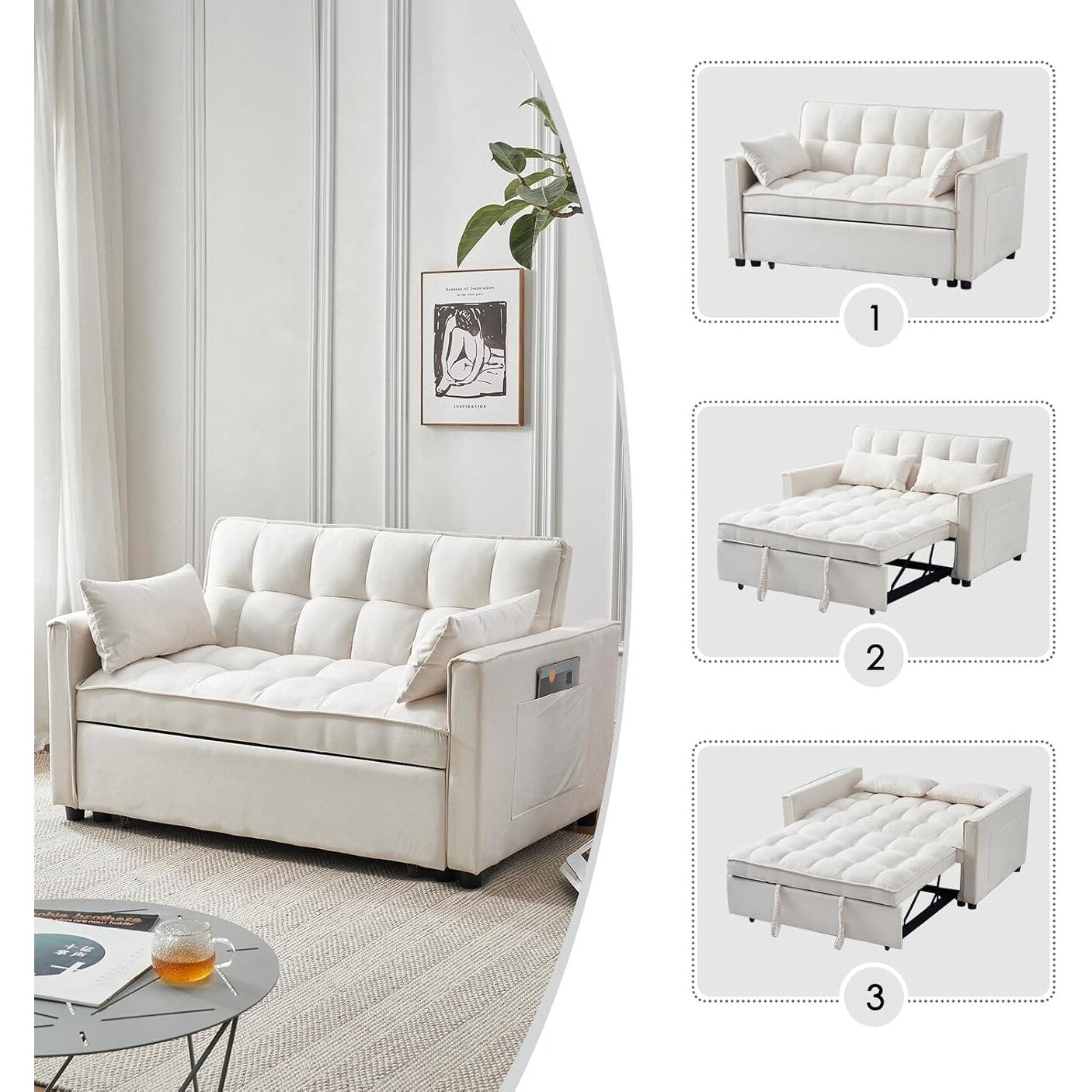 Canapé-lit 3 en 1 en velours - Canapé-lit gigogne avec dossier réglable, accoudoirs et poches de rangement pour le salon