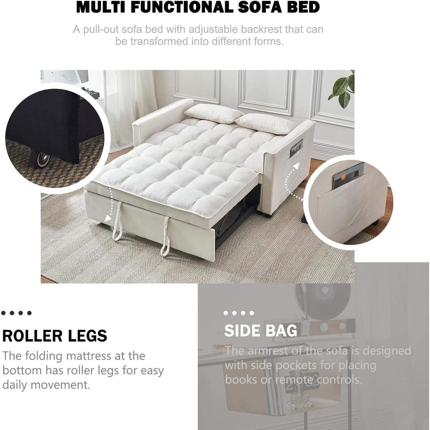 Canapé-lit 3 en 1 en velours - Canapé-lit gigogne avec dossier réglable, accoudoirs et poches de rangement pour le salon