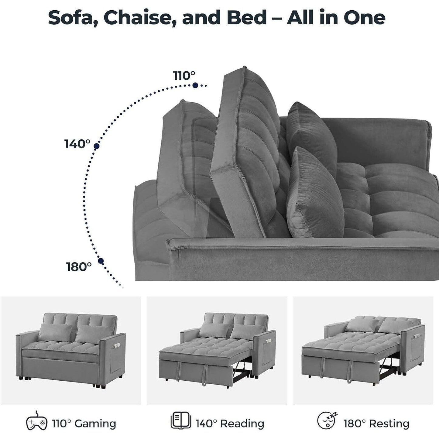 Canapé-lit 3 en 1 en velours avec dossier réglable