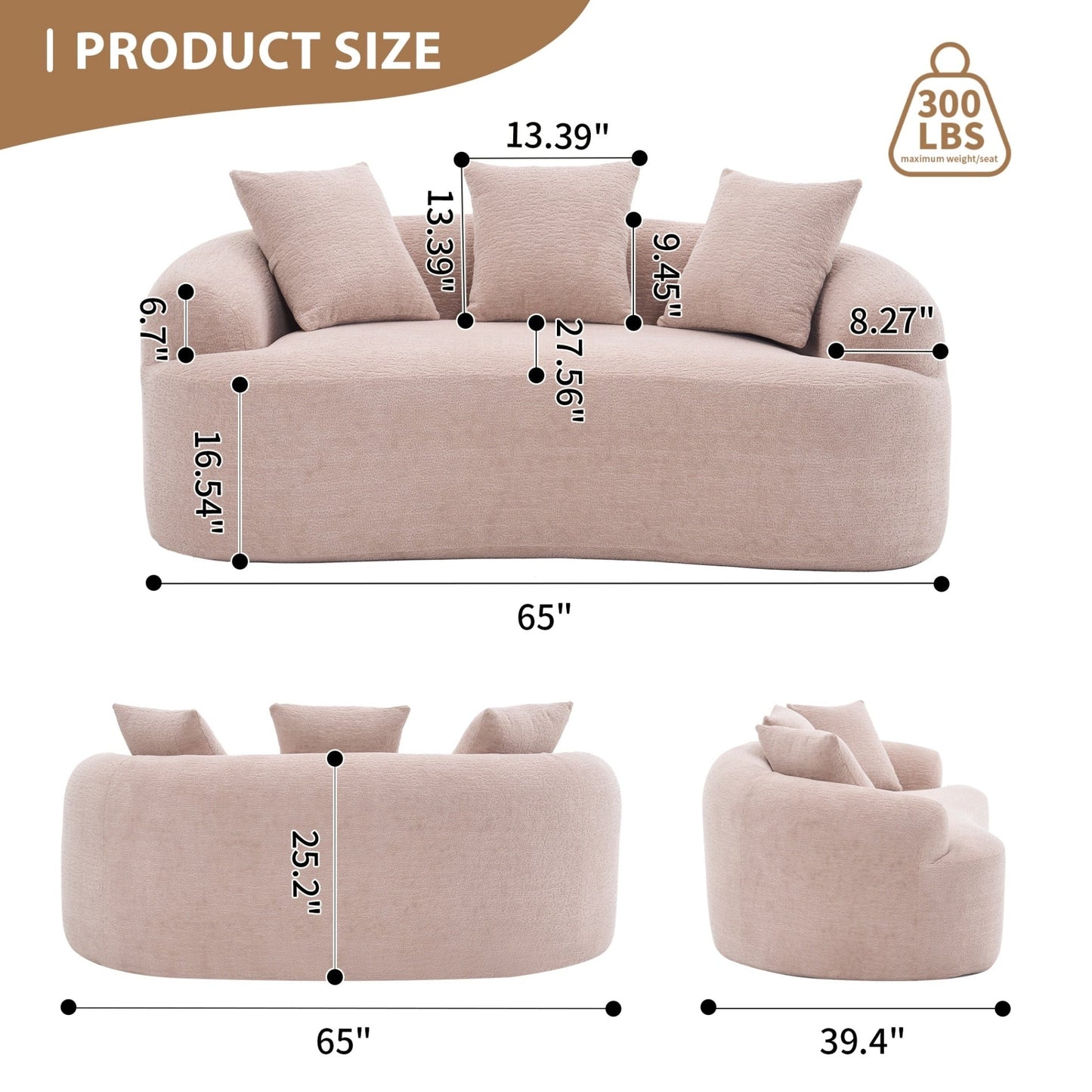 Canapé causeuse compact incurvé sans assemblage en chenille 30D avec éponge de compression complète