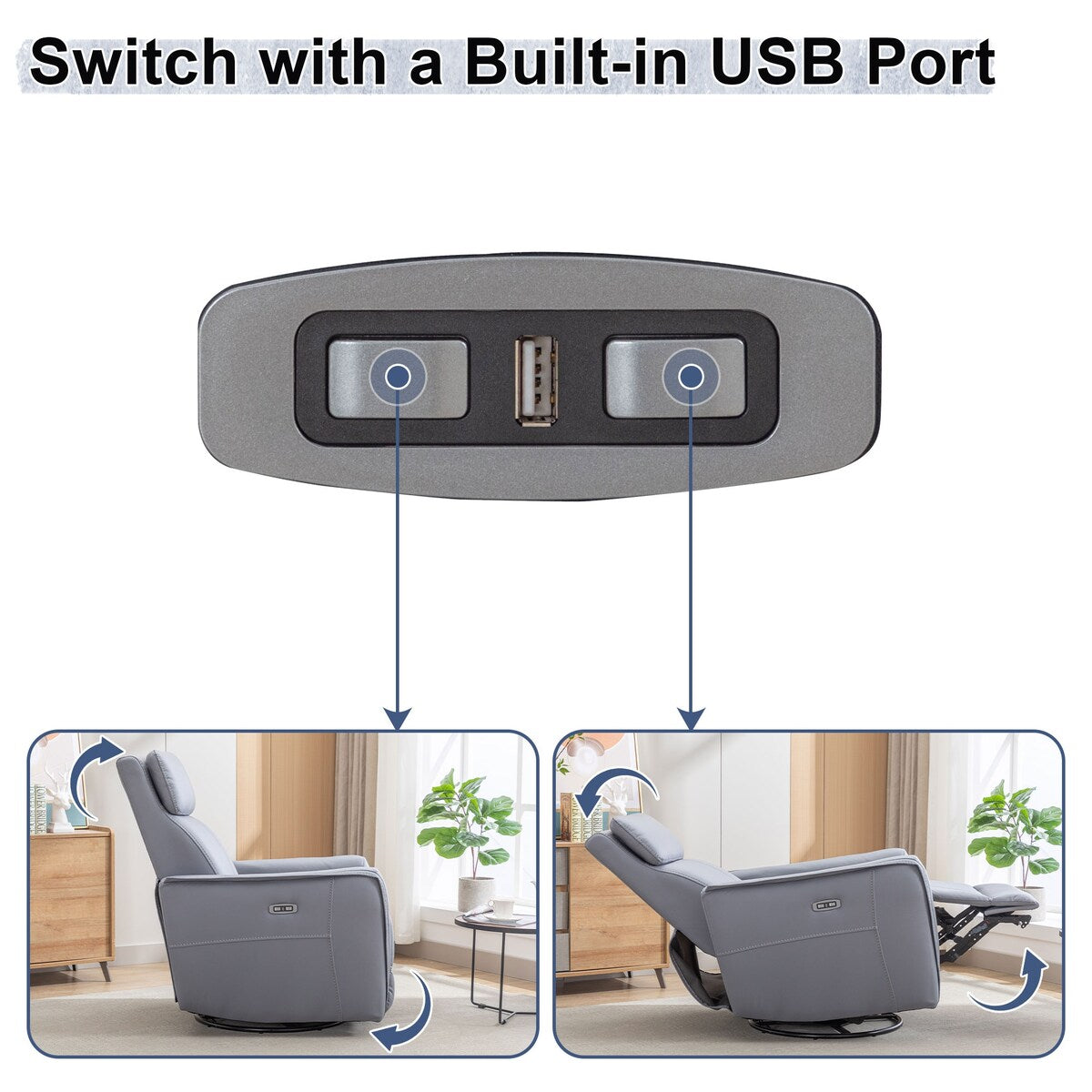 Fauteuil inclinable pivotant et électrique de 32,3 pouces de large avec ports USB