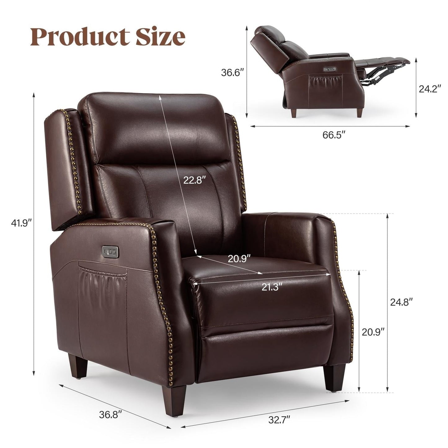 Fauteuil inclinable Power Club en cuir véritable de 32,7 po de large