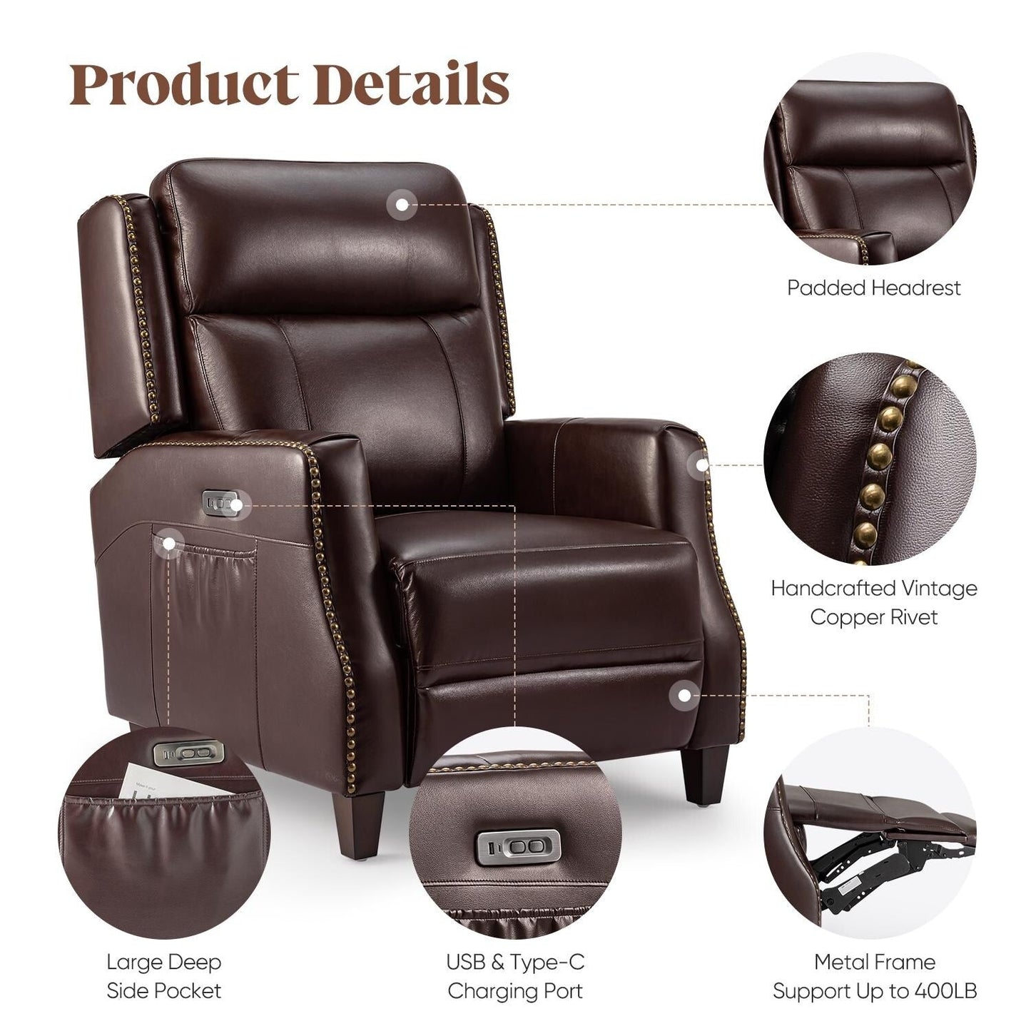 Fauteuil inclinable Power Club en cuir véritable de 32,7 po de large