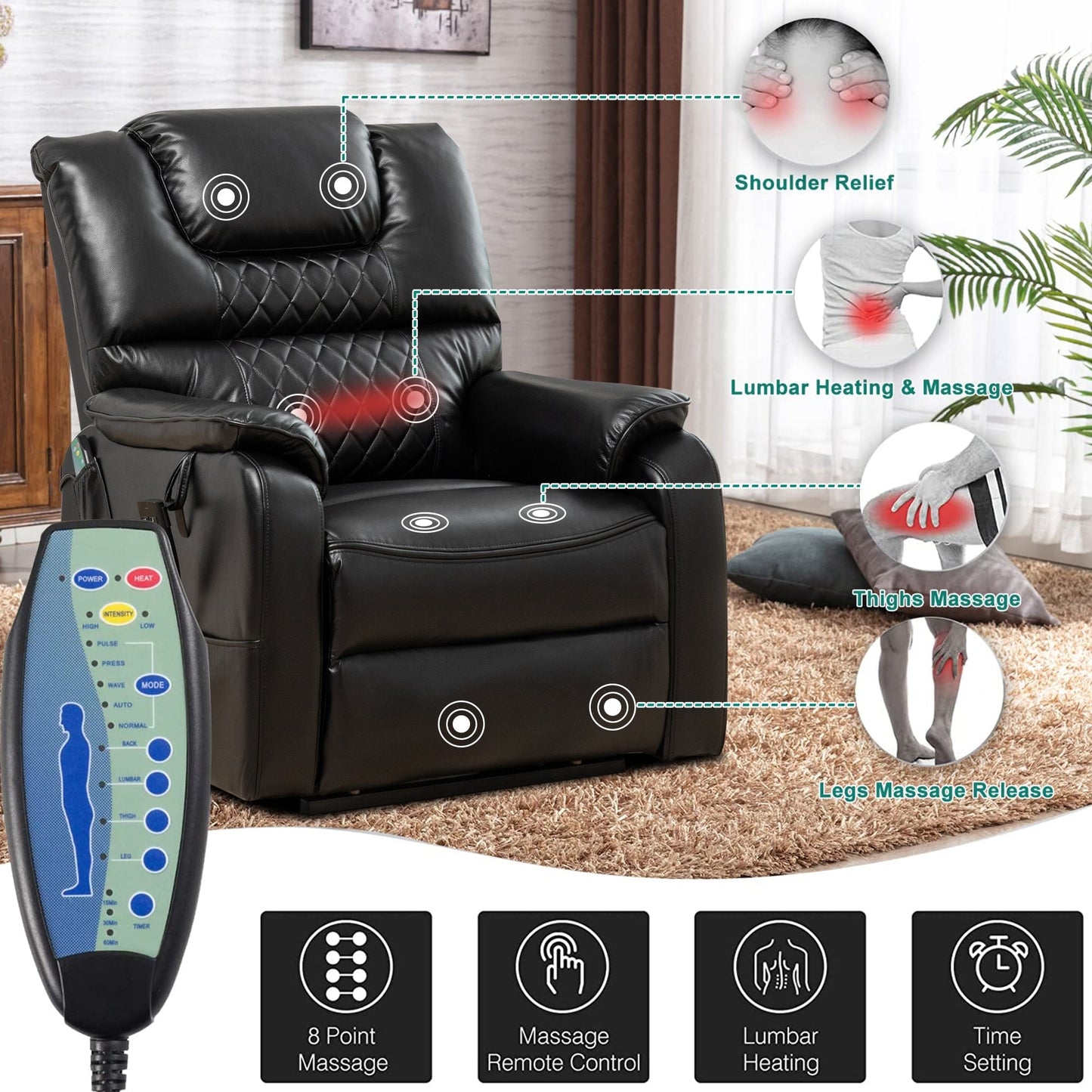 Fauteuil inclinable électrique double de 35,5 W, massage et chauffage, 180 degrés