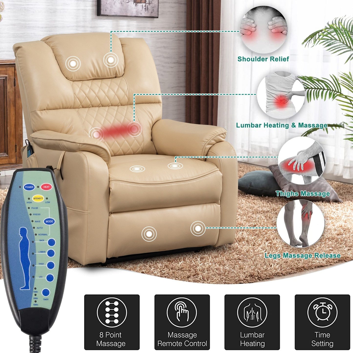 Fauteuil inclinable électrique double de 35,5 W, massage et chauffage, 180 degrés