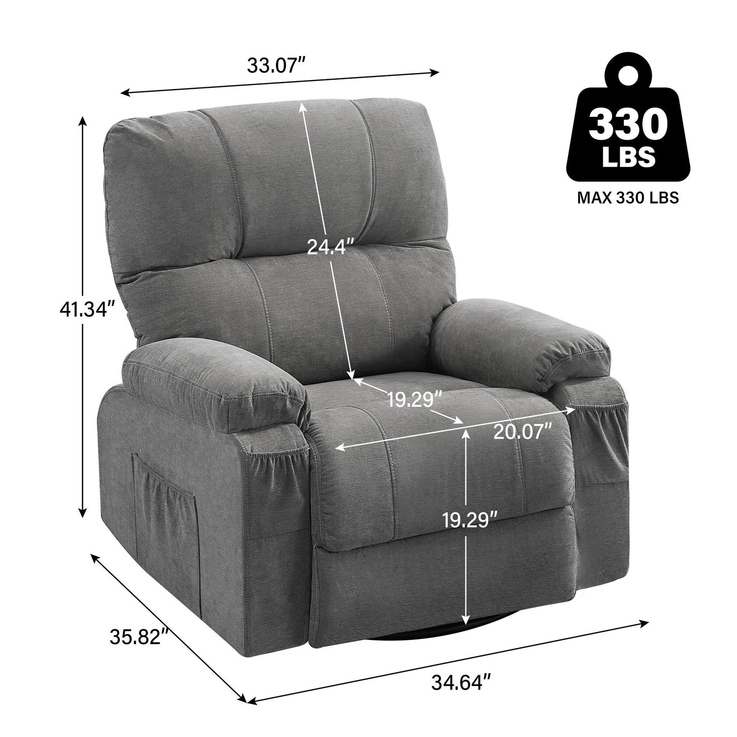 Fauteuil inclinable manuel pivotant à 360° en tissu avec repose-pieds coulissant et poches latérales
