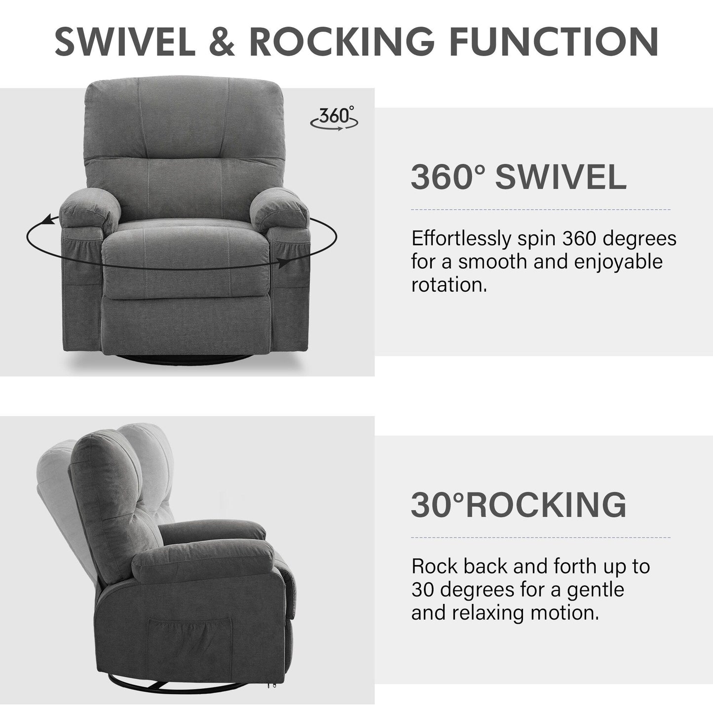 Fauteuil inclinable manuel pivotant à 360° en tissu avec repose-pieds coulissant et poches latérales