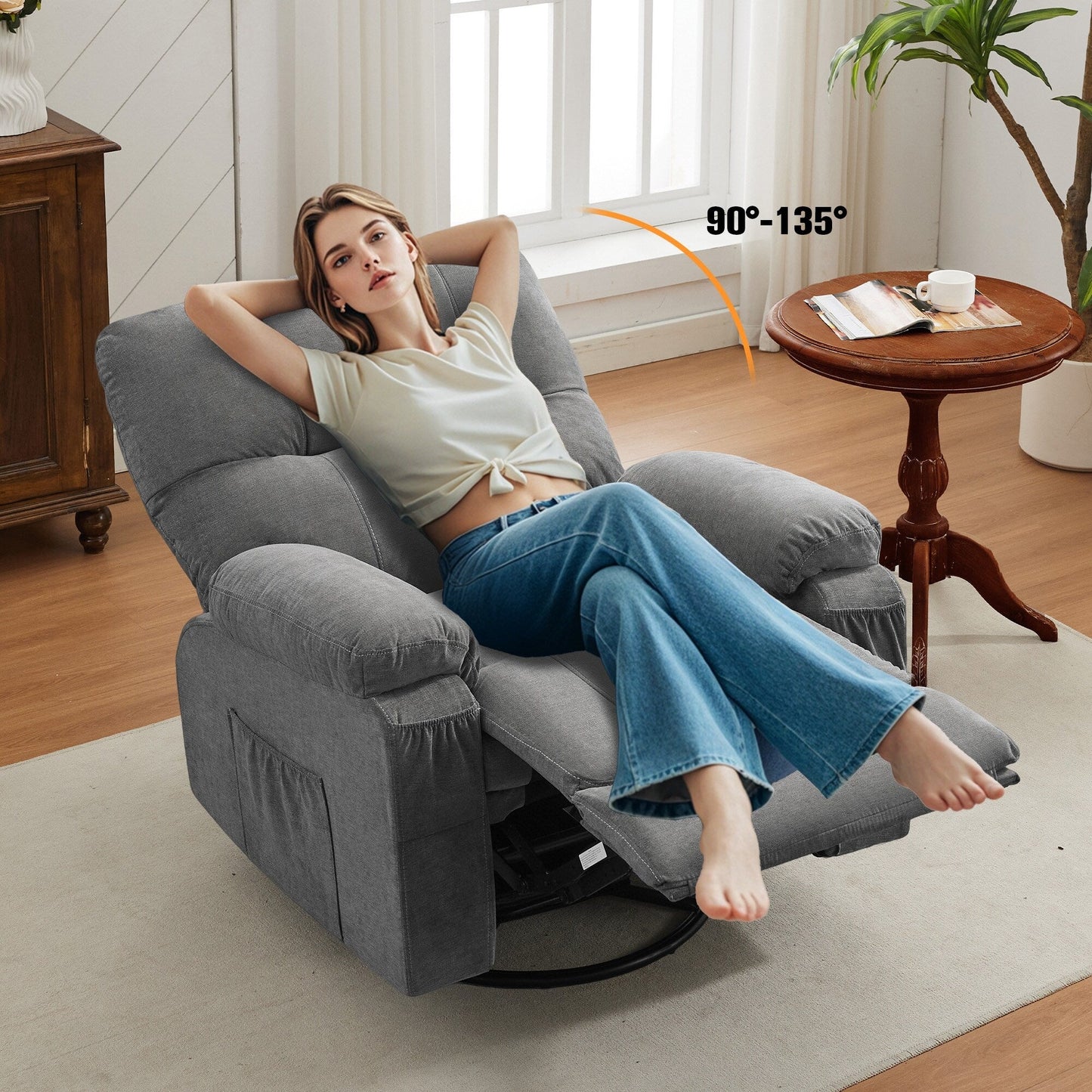 Fauteuil inclinable manuel pivotant à 360° en tissu avec repose-pieds coulissant et poches latérales