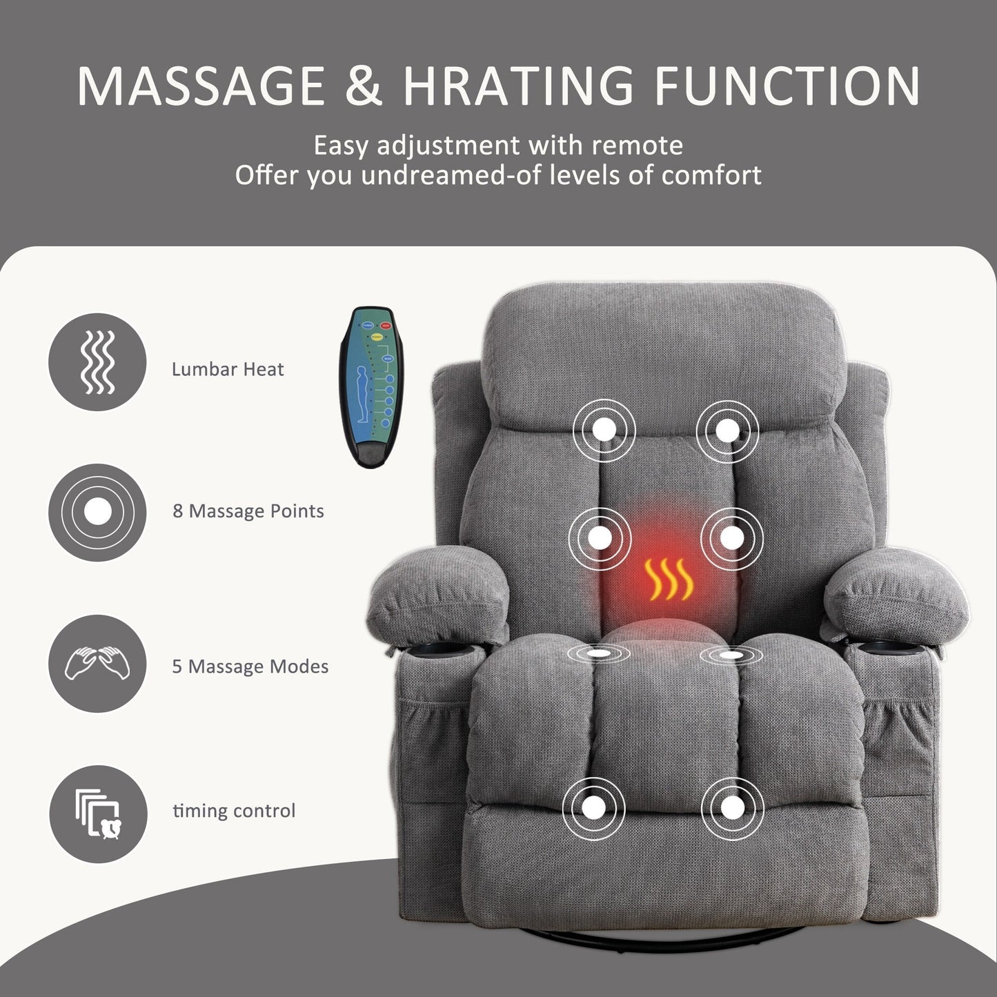 Fauteuil inclinable manuel en tissu, pivotant à 360°, avec massage et chauffage, avec chargement USB et deux porte-gobelets