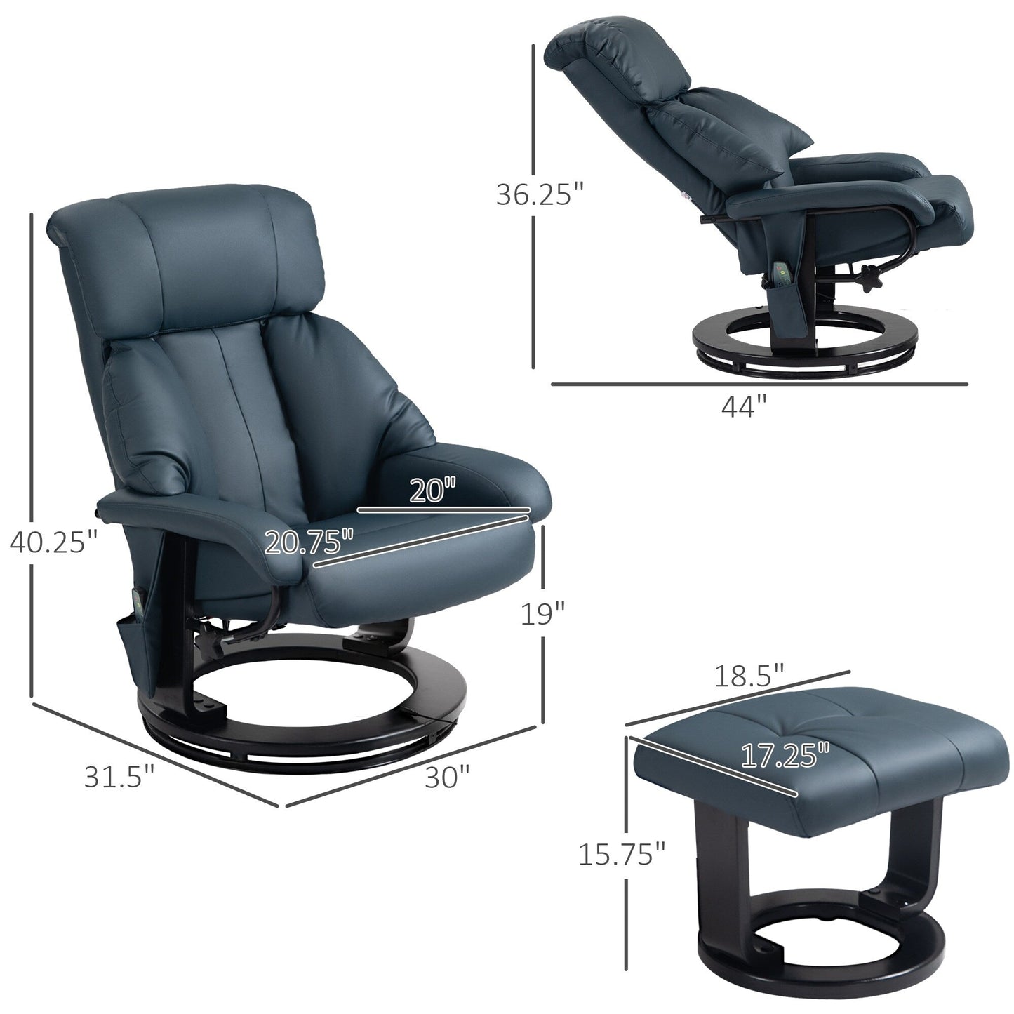 Fauteuil inclinable de massage manuel pivotant à 360° en cuir PU avec repose-pieds, dossier réglable et vibration à 10 points
