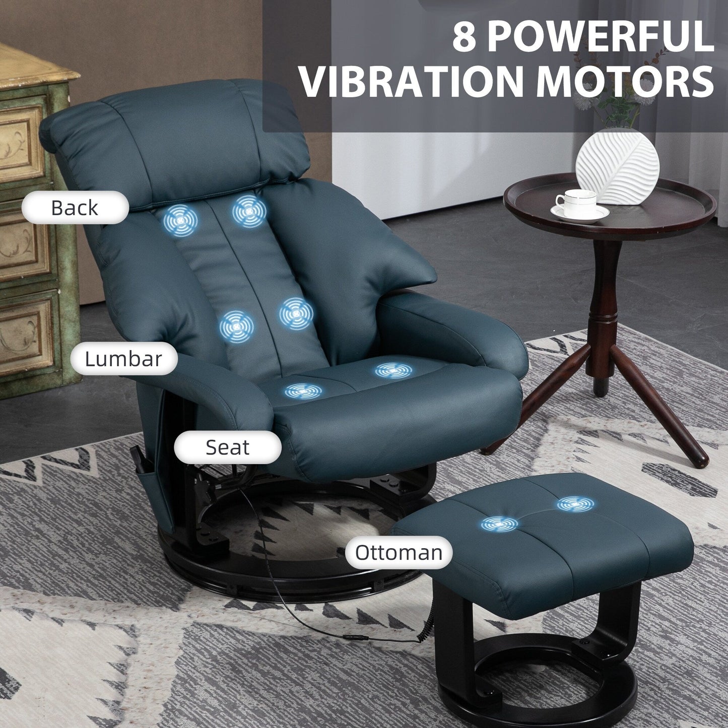 Fauteuil inclinable de massage manuel pivotant à 360° en cuir PU avec repose-pieds, dossier réglable et vibration à 10 points