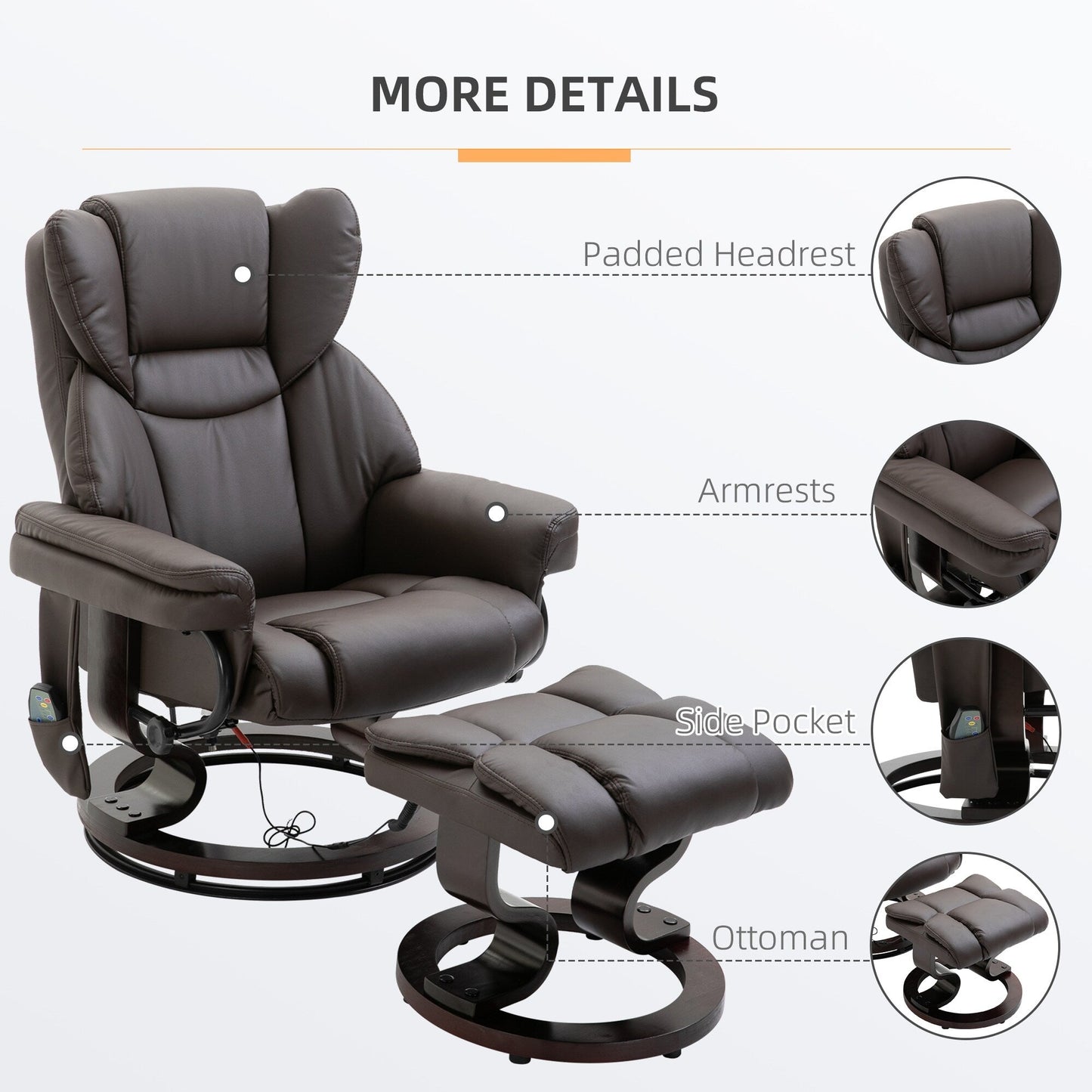 Fauteuil inclinable massant pivotant à 360° en cuir PU avec 10 points de vibration, dossier et repose-pieds réglables