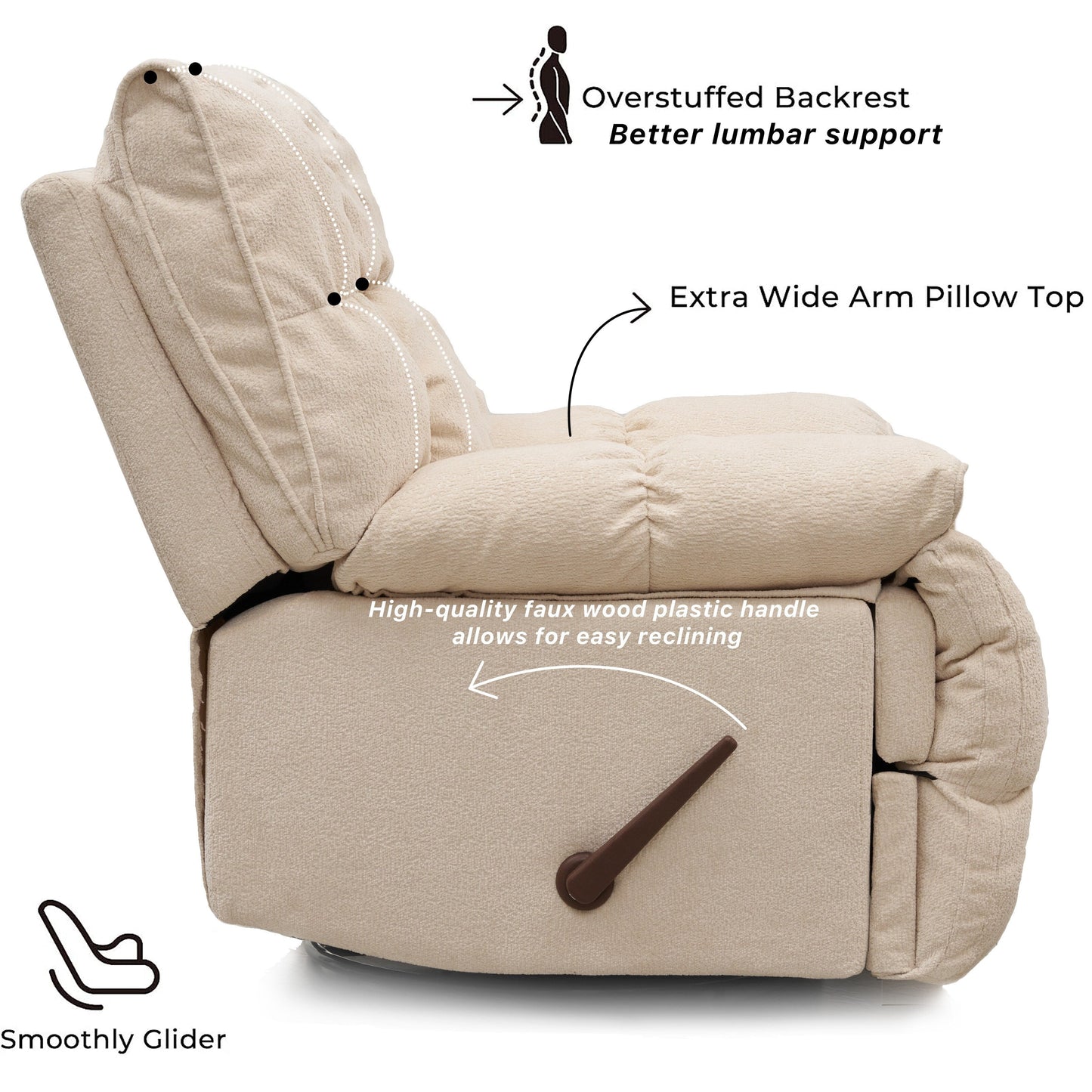 Fauteuil inclinable pivotant à 360° en tissu d'ameublement, fauteuil à bascule inclinable simple avec soutien lombaire pour salon