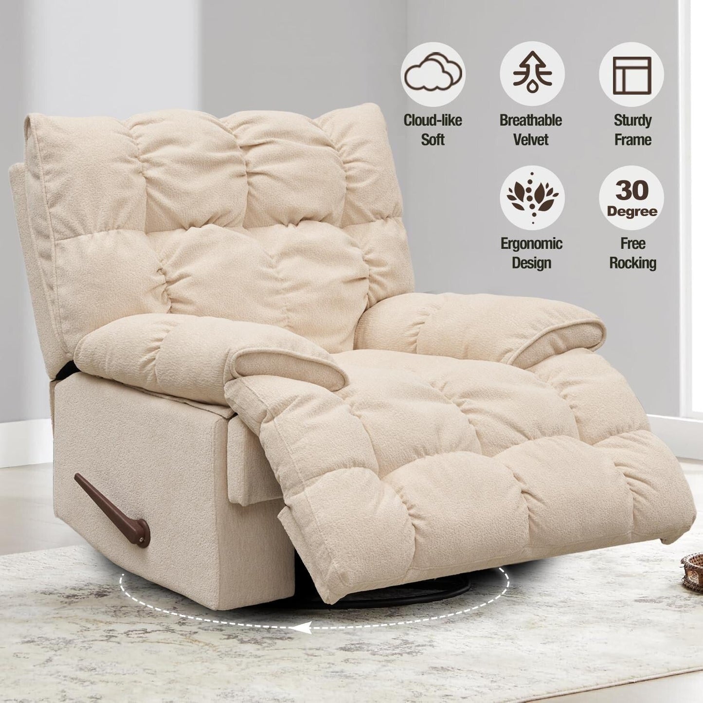 Fauteuil inclinable pivotant à 360° en tissu d'ameublement, fauteuil à bascule inclinable simple avec soutien lombaire pour salon