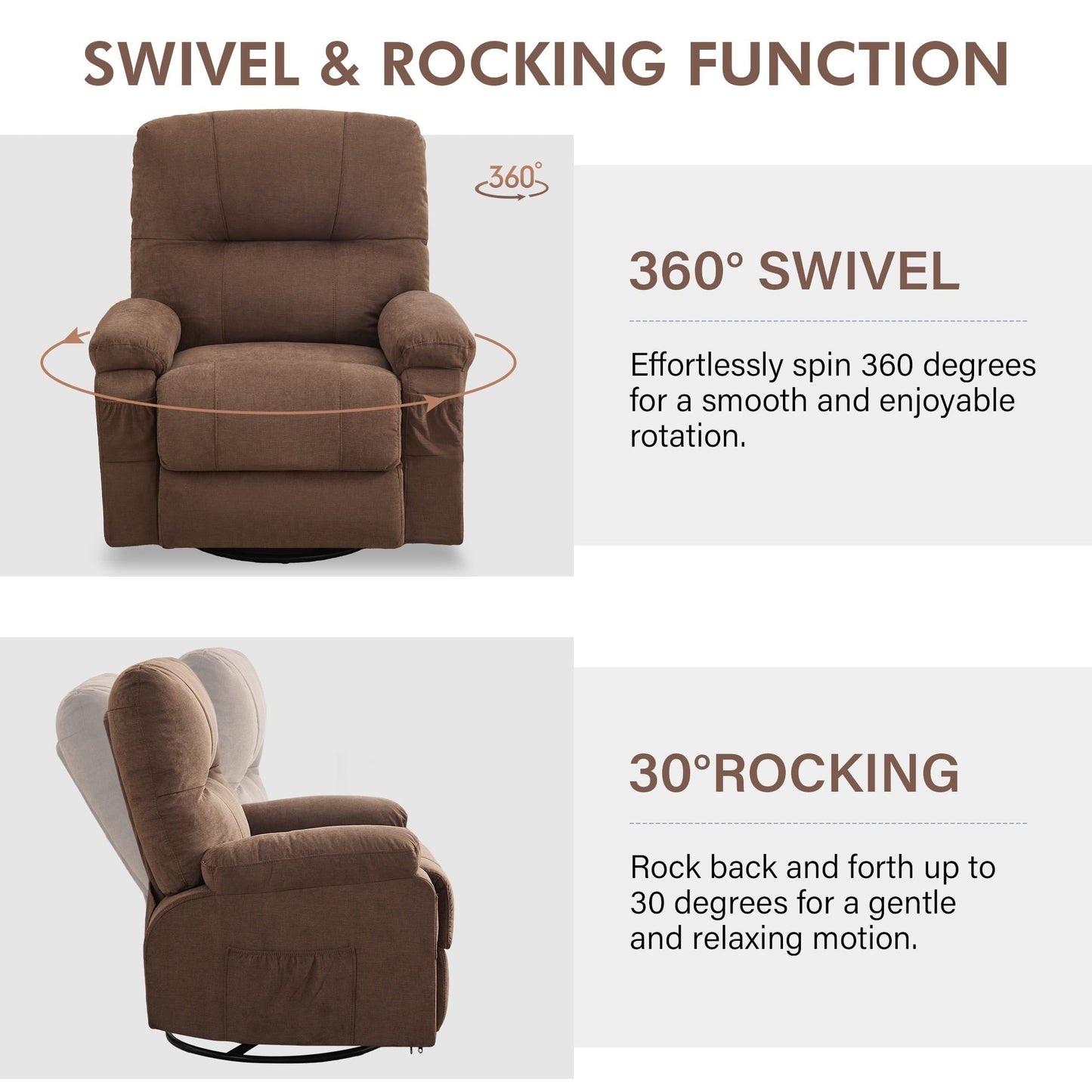 Fauteuil inclinable pivotant à 360° en lin avec poches latérales