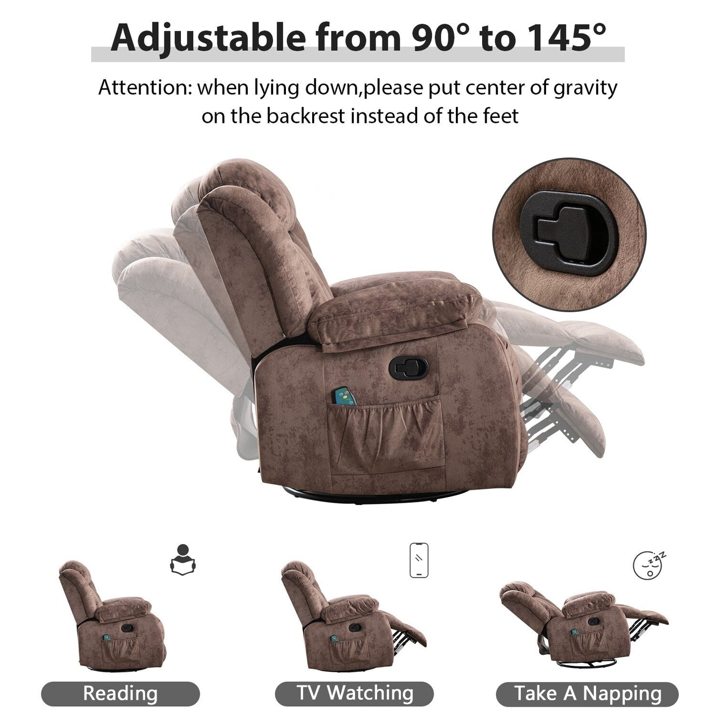 Fauteuil inclinable à bascule manuel pivotant à 360° avec massage et vibrations