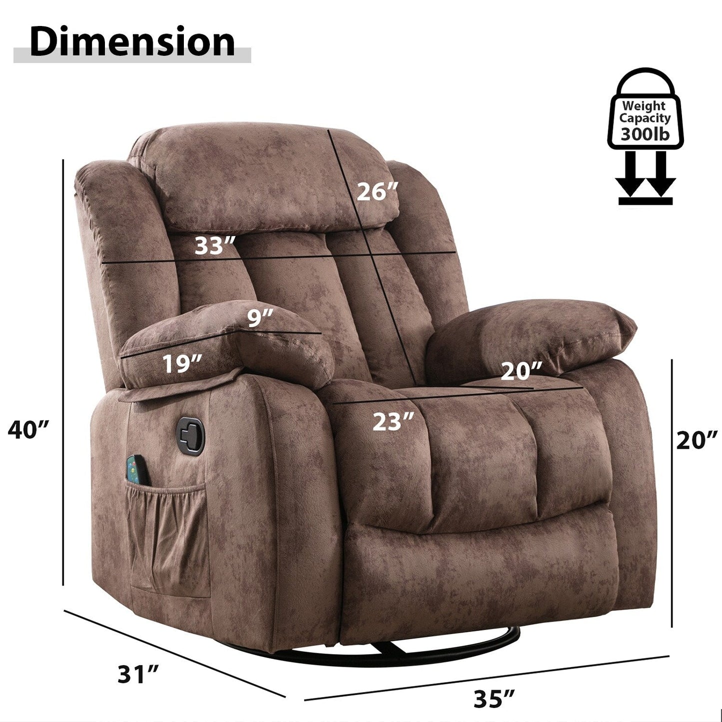 Fauteuil inclinable à bascule manuel pivotant à 360° avec massage et vibrations