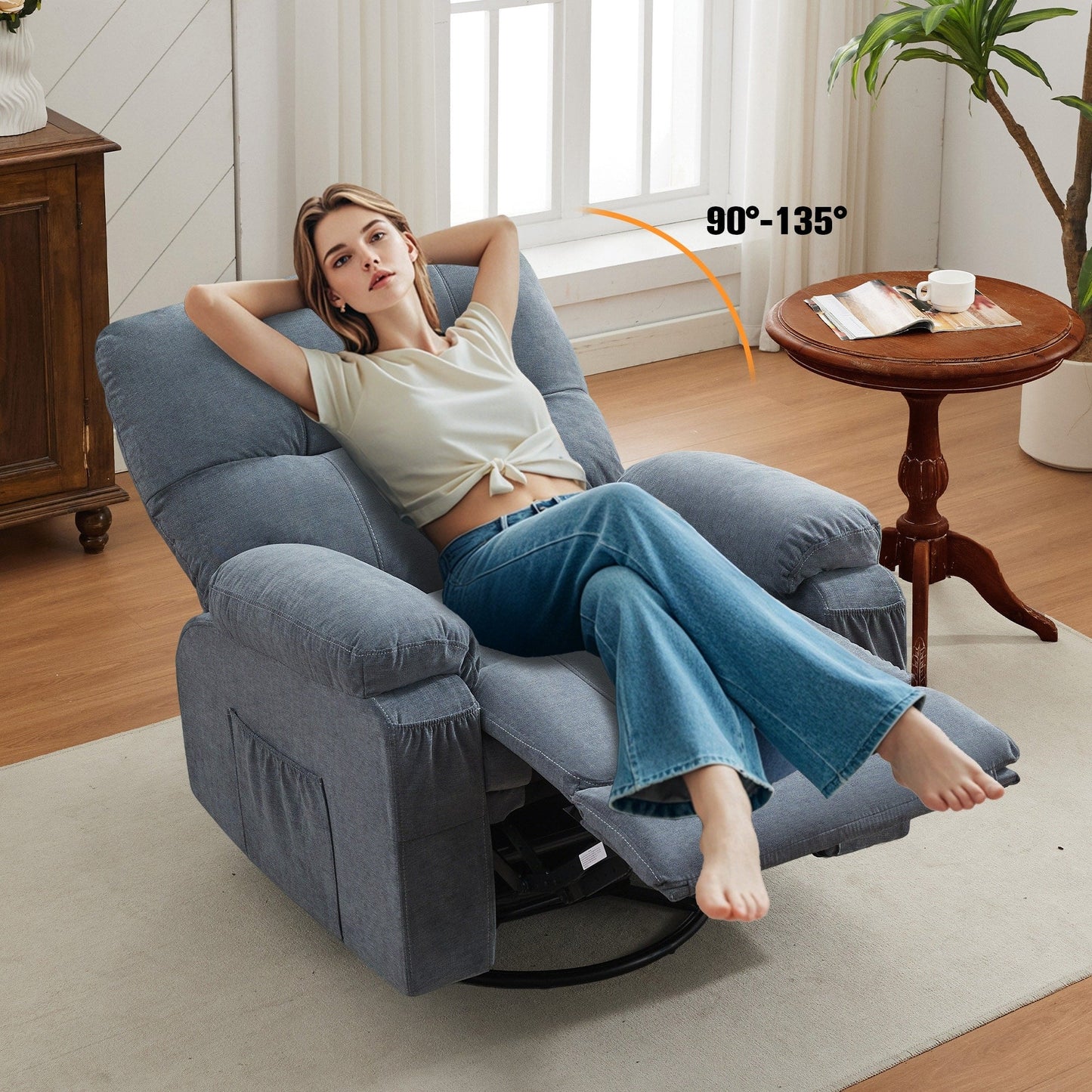 Fauteuil inclinable pivotant à 360° avec dossier réglable, fauteuil à bascule pivotant avec repose-pieds, coussins moelleux et poches latérales