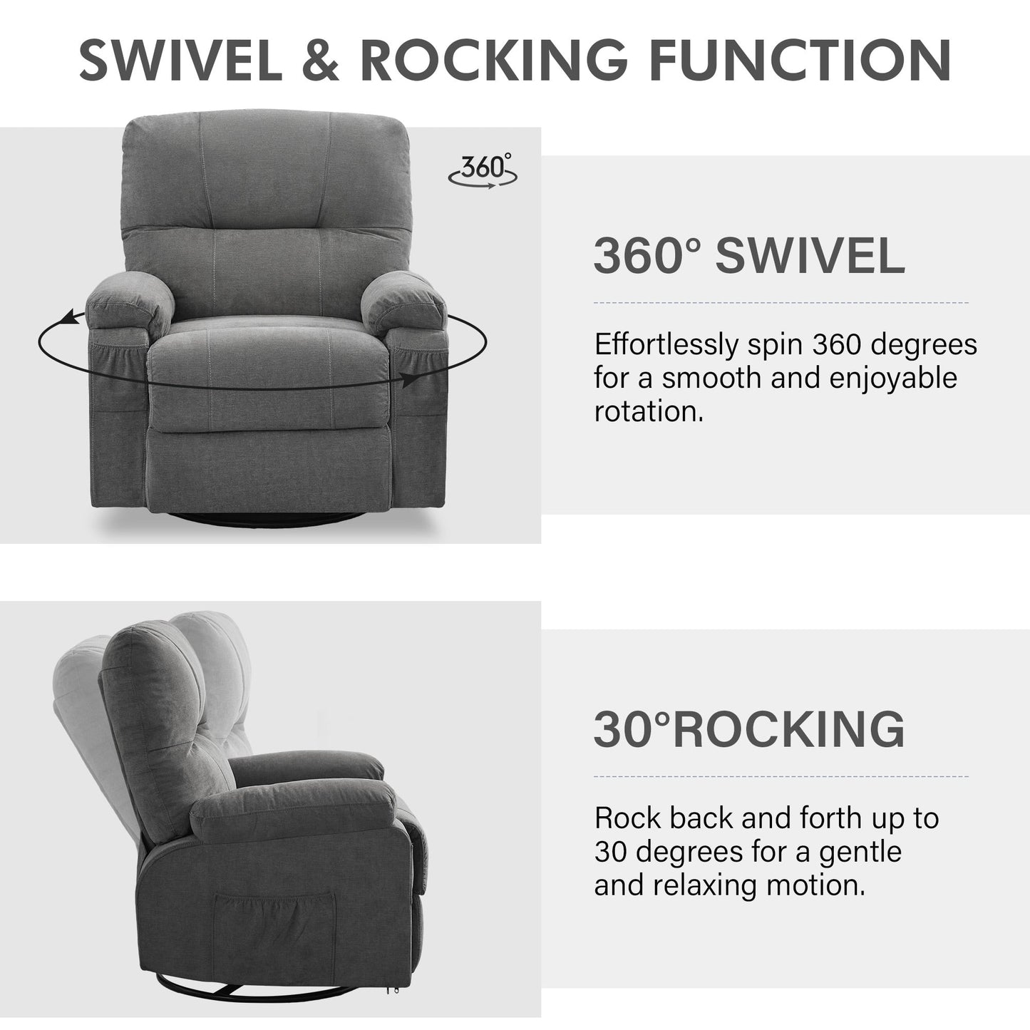 Fauteuil inclinable pivotant à 360° avec dossier réglable, fauteuil à bascule pivotant avec repose-pieds, coussins moelleux et poches latérales