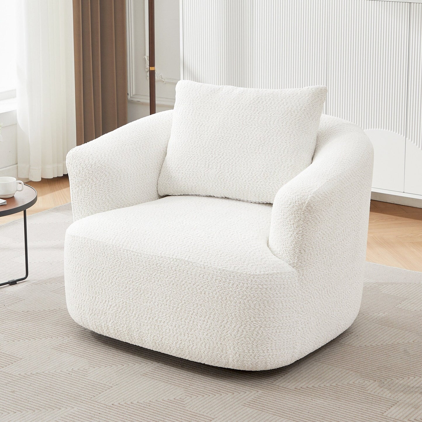 Fauteuil pivotant à 360°, fauteuil d'appoint Boucle 38,2 avec coussin décoratif, fauteuil tonneau rembourré avec accoudoirs incurvés