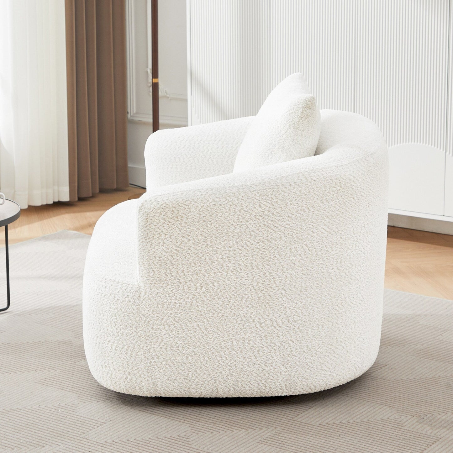 Fauteuil pivotant à 360°, fauteuil d'appoint Boucle 38,2 avec coussin décoratif, fauteuil tonneau rembourré avec accoudoirs incurvés