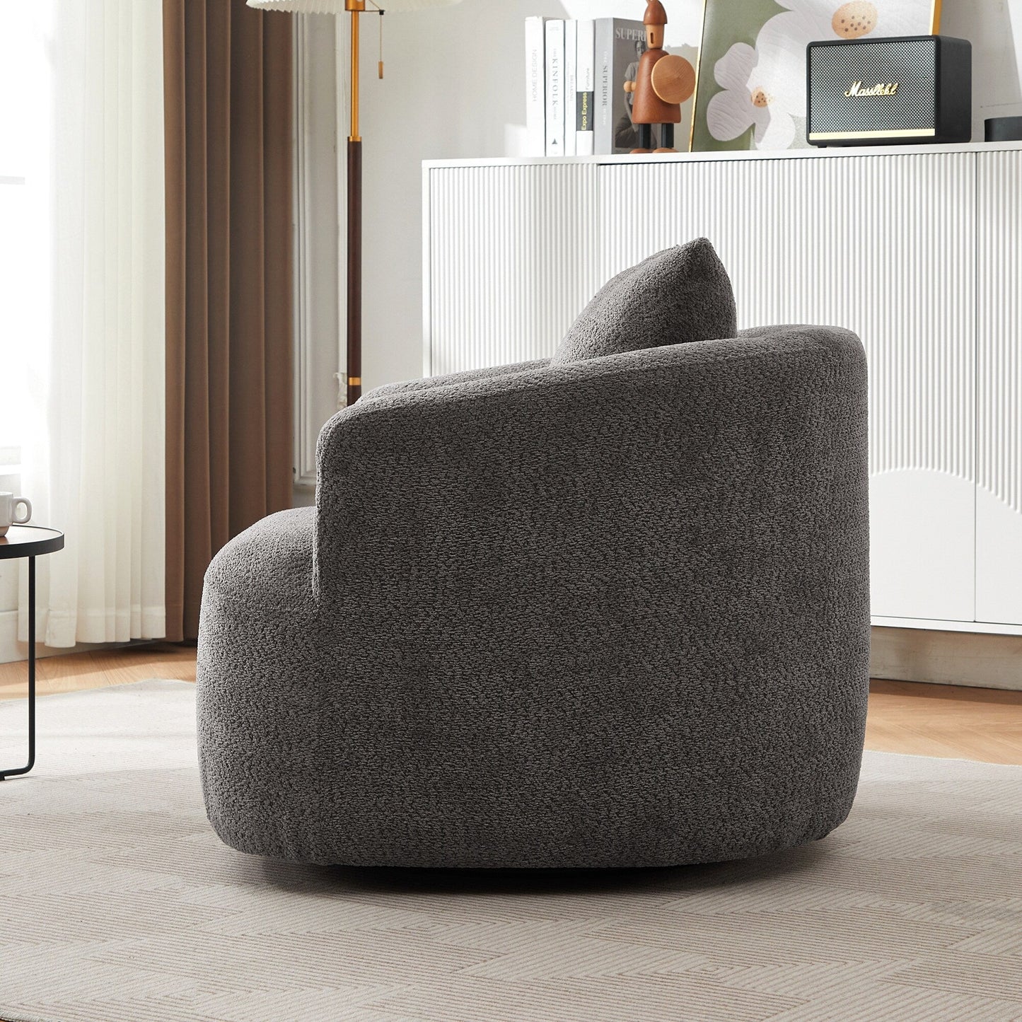 Fauteuil pivotant à 360°, fauteuil d'appoint Boucle 38,2 avec coussin décoratif, fauteuil tonneau rembourré avec accoudoirs incurvés