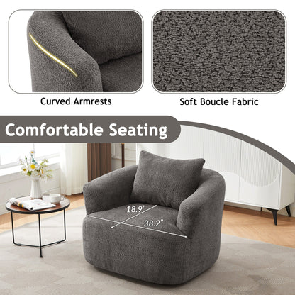 Fauteuil pivotant à 360°, fauteuil d'appoint Boucle 38,2 avec coussin décoratif, fauteuil tonneau rembourré avec accoudoirs incurvés