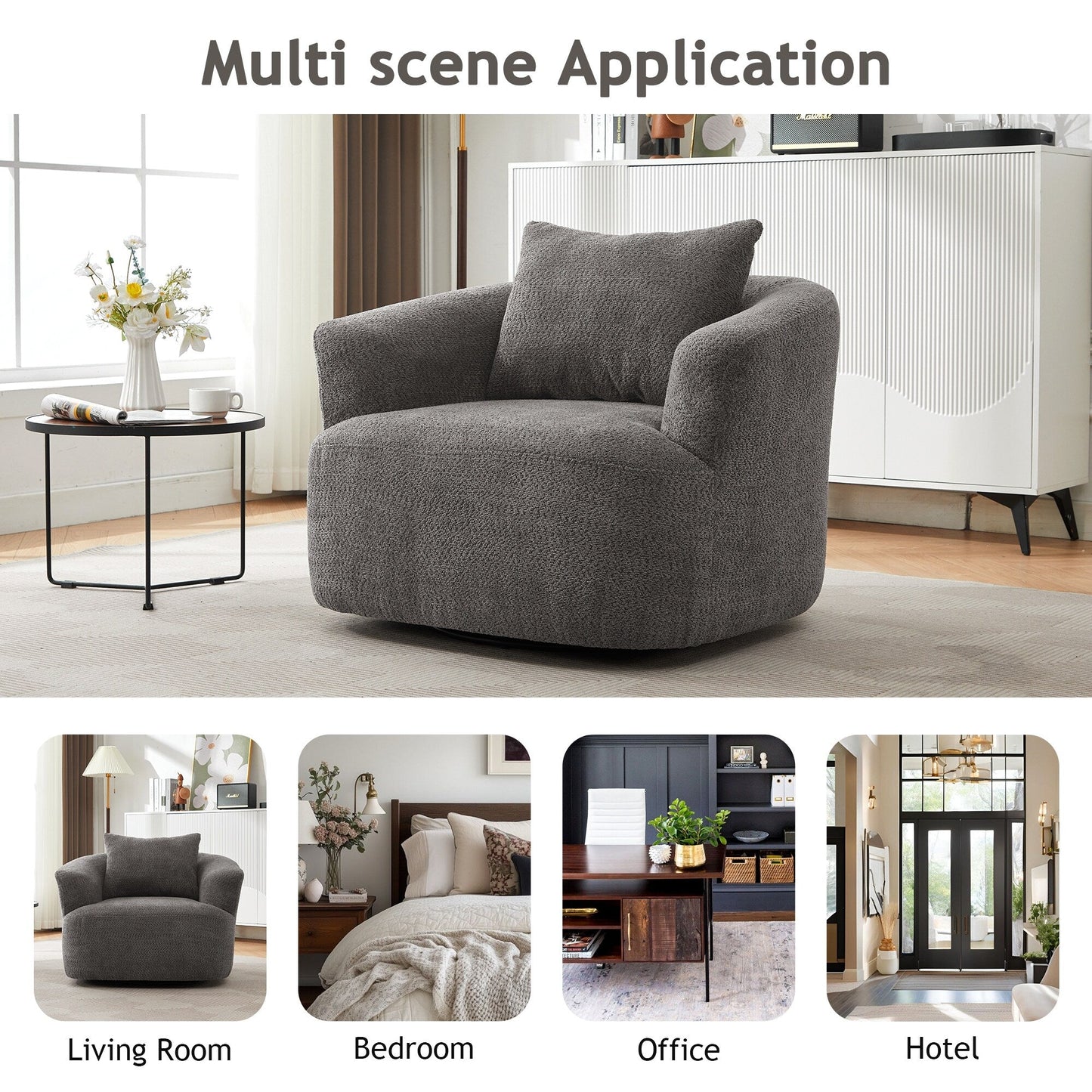 Fauteuil pivotant à 360°, fauteuil d'appoint Boucle 38,2 avec coussin décoratif, fauteuil tonneau rembourré avec accoudoirs incurvés