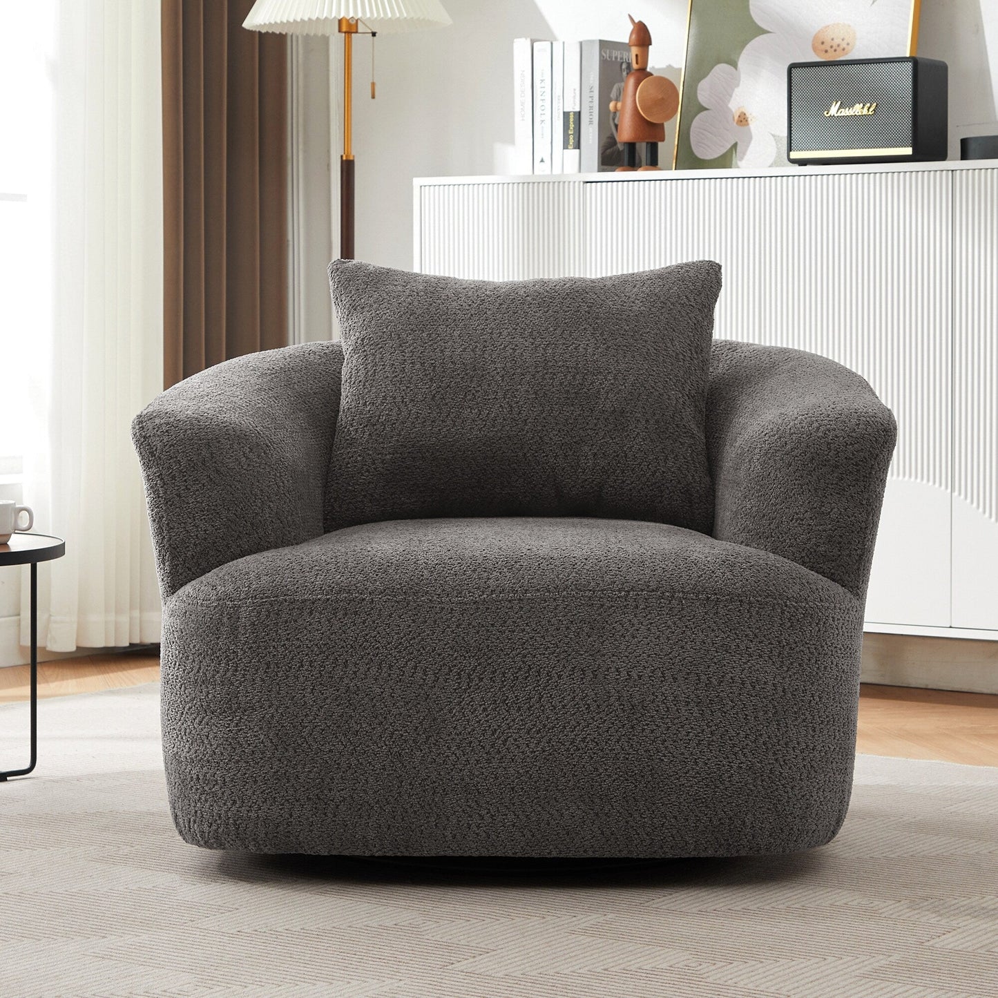 Fauteuil pivotant à 360°, fauteuil d'appoint Boucle 38,2 avec coussin décoratif, fauteuil tonneau rembourré avec accoudoirs incurvés