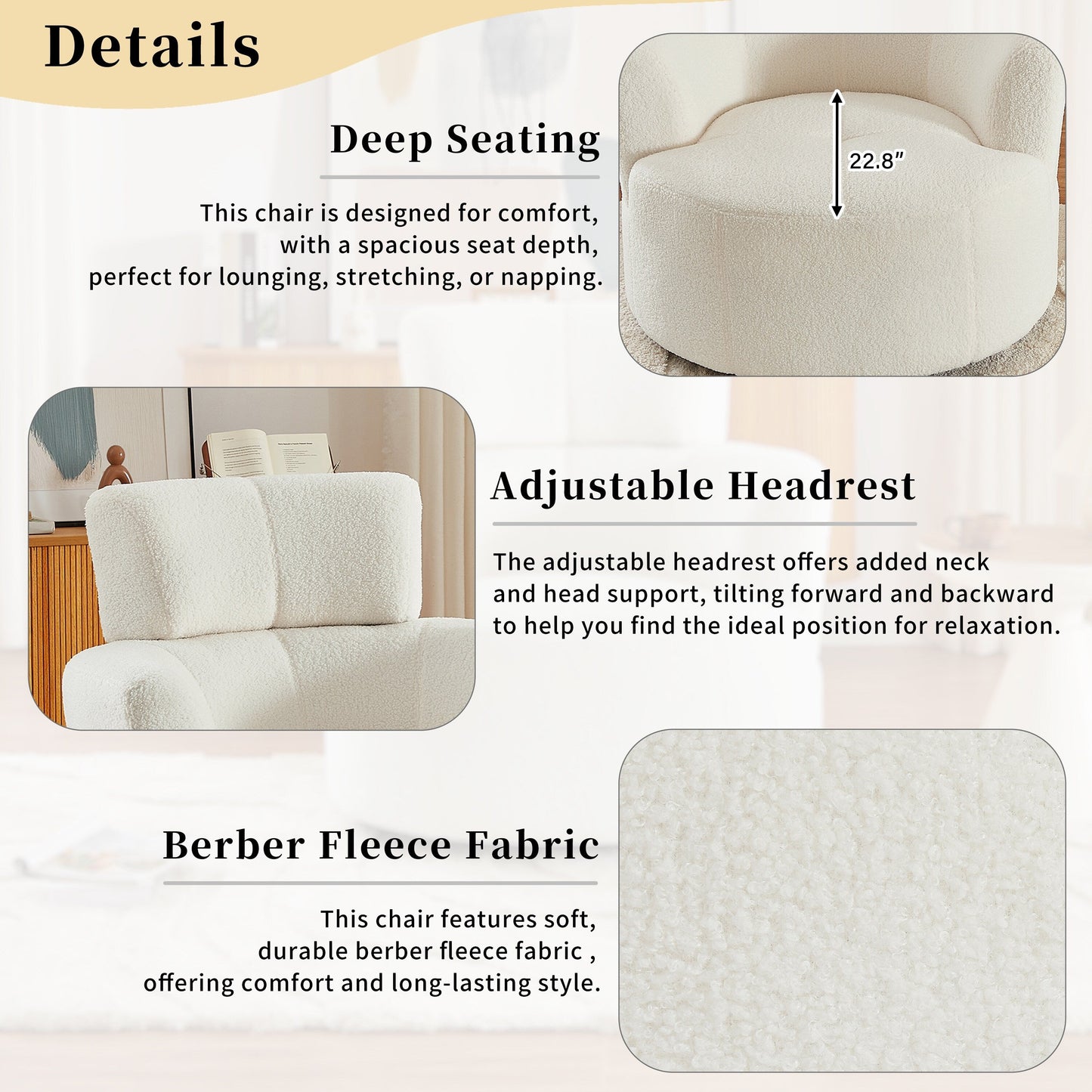 Fauteuil pivotant à 360°, fauteuil tonneau rembourré avec appui-tête réglable, fauteuil rond pivotant moderne pour salon