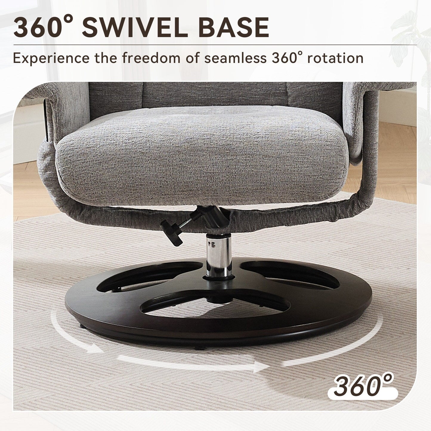 Fauteuil inclinable ergonomique pivotant à 360° avec repose-pieds, dossier réglable, massage par 5 vibrations, siège chauffant, tissu chenille