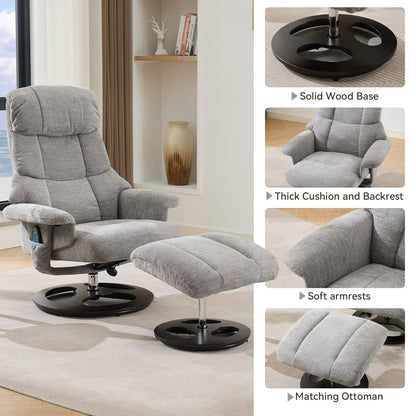 Fauteuil inclinable ergonomique pivotant à 360° avec repose-pieds, dossier réglable, massage par 5 vibrations, siège chauffant, tissu chenille