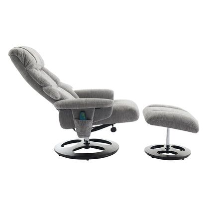 Fauteuil inclinable ergonomique pivotant à 360° avec repose-pieds, dossier réglable, massage par 5 vibrations, siège chauffant, tissu chenille