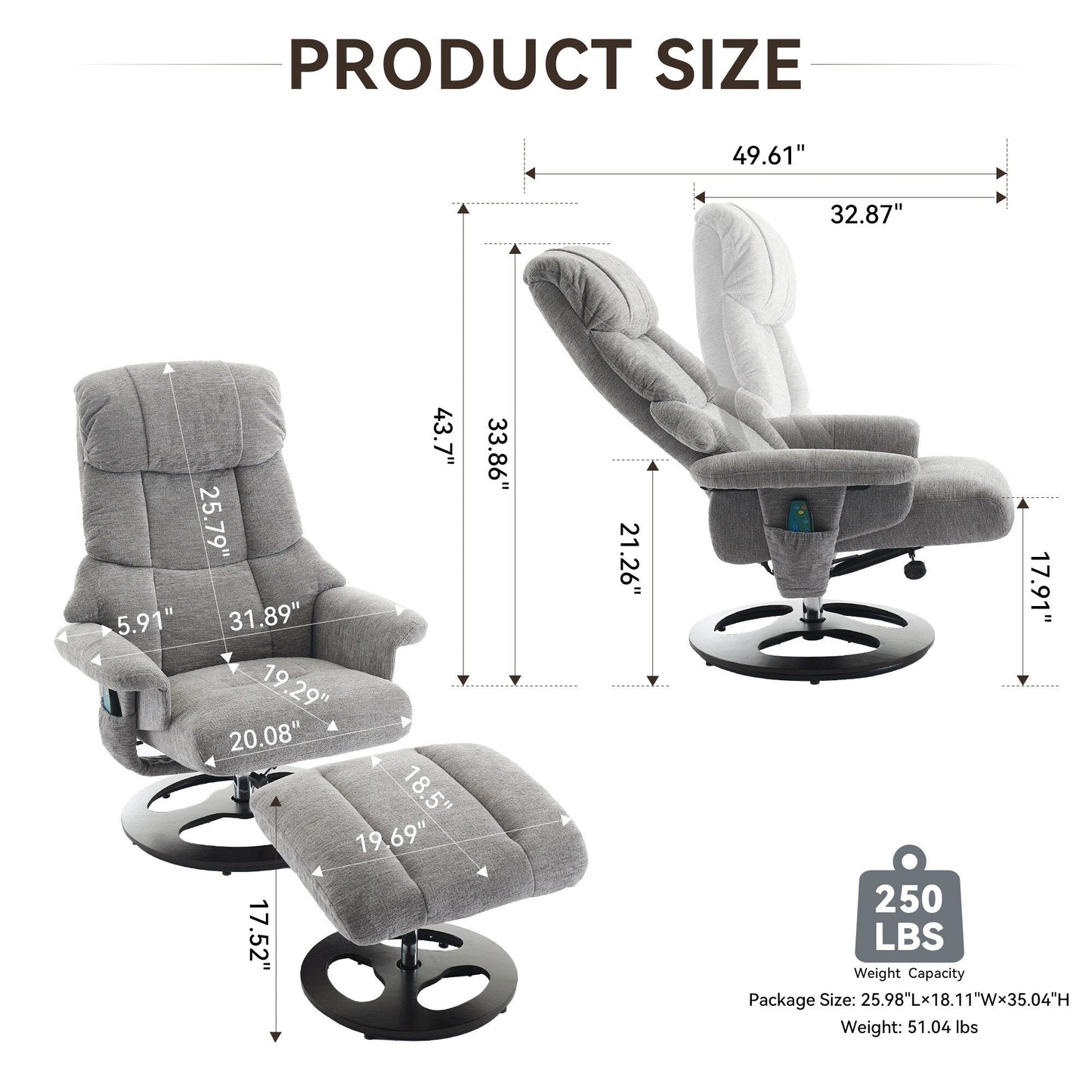 Fauteuil inclinable ergonomique pivotant à 360° avec repose-pieds, dossier réglable, massage par 5 vibrations, siège chauffant, tissu chenille