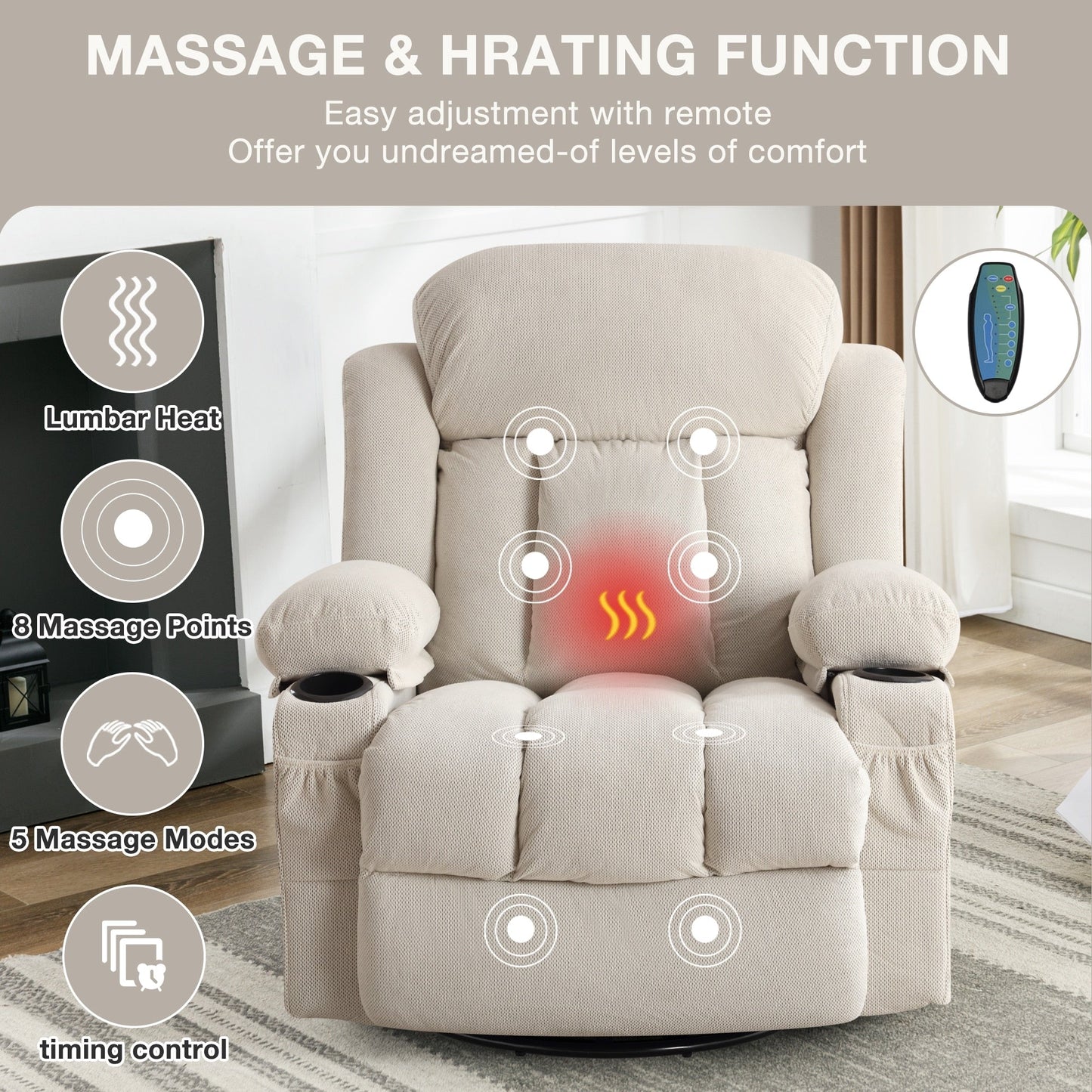 Fauteuil inclinable de massage chauffant pivotant à 360° avec chargement USB, porte-gobelets, rangement latéral et revêtement en polaire moelleux