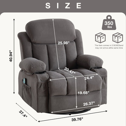 Fauteuil inclinable de massage chauffant pivotant à 360° avec chargement USB, porte-gobelets, rangement latéral et revêtement en polaire moelleux